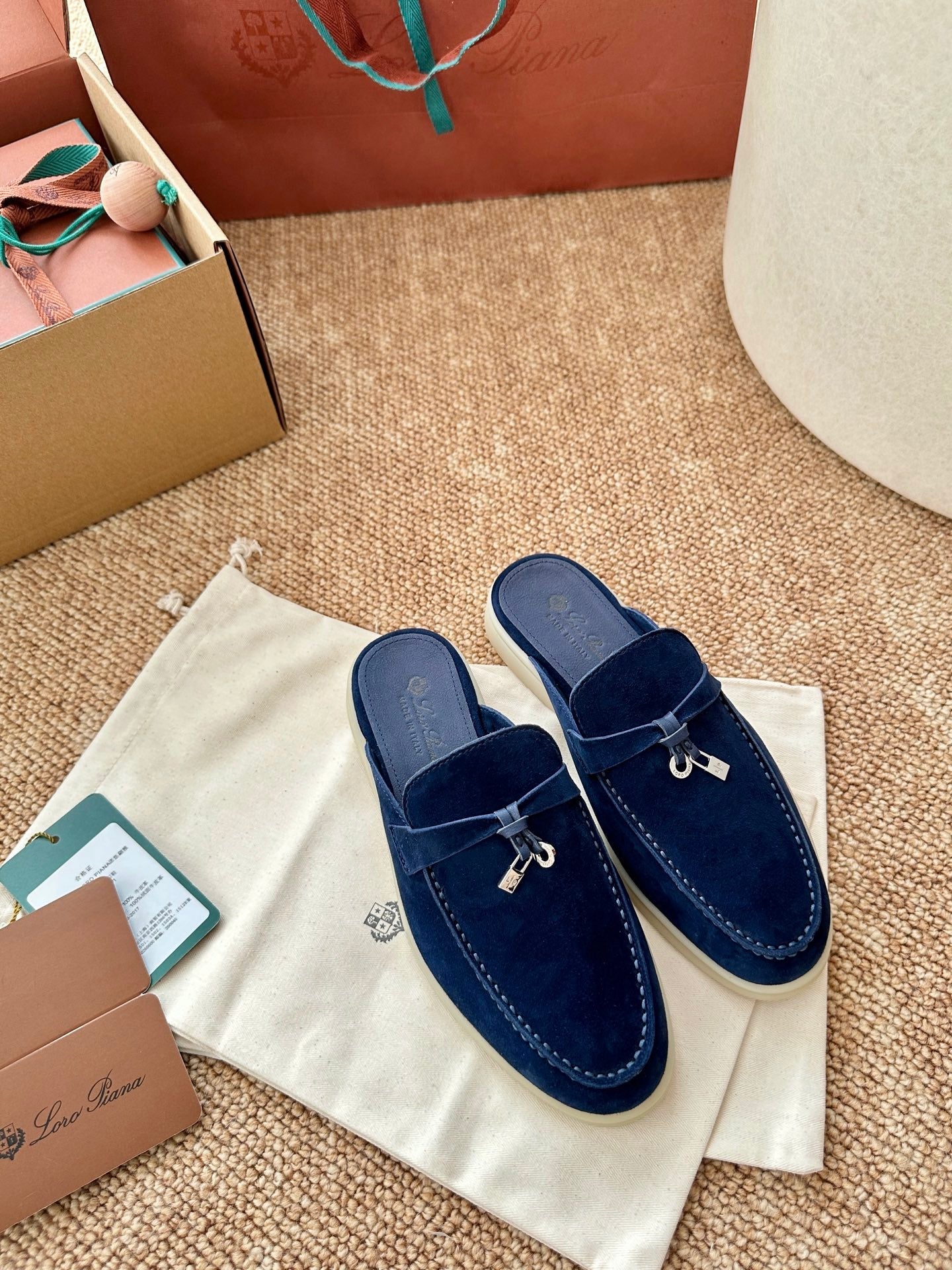 Loro Piana Charms Walk Flat Mules Dark blue Suede 623553