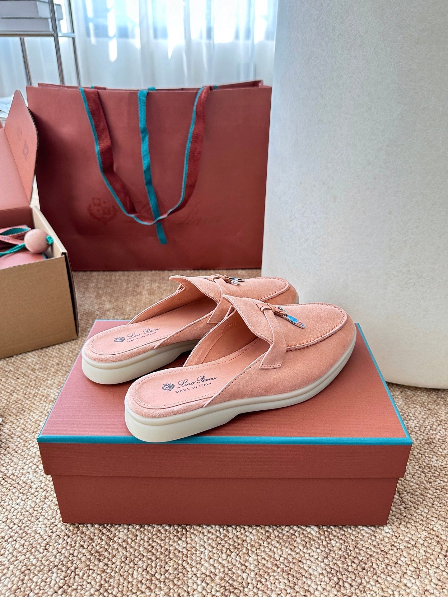 Loro Piana Charms Walk Flat Mules Himalayan Salt Suede 623554