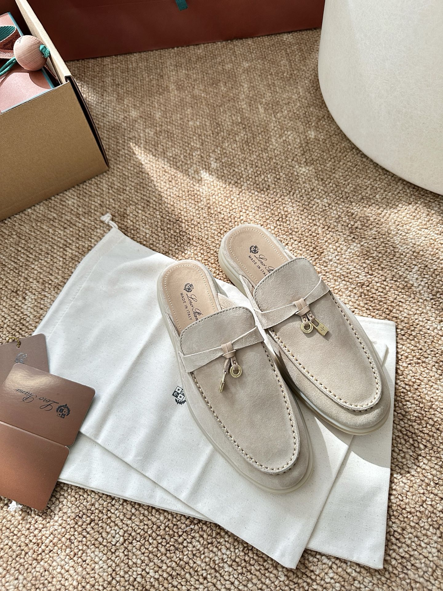 Loro Piana Charms Walk Flat Mules Apricot Suede 623556