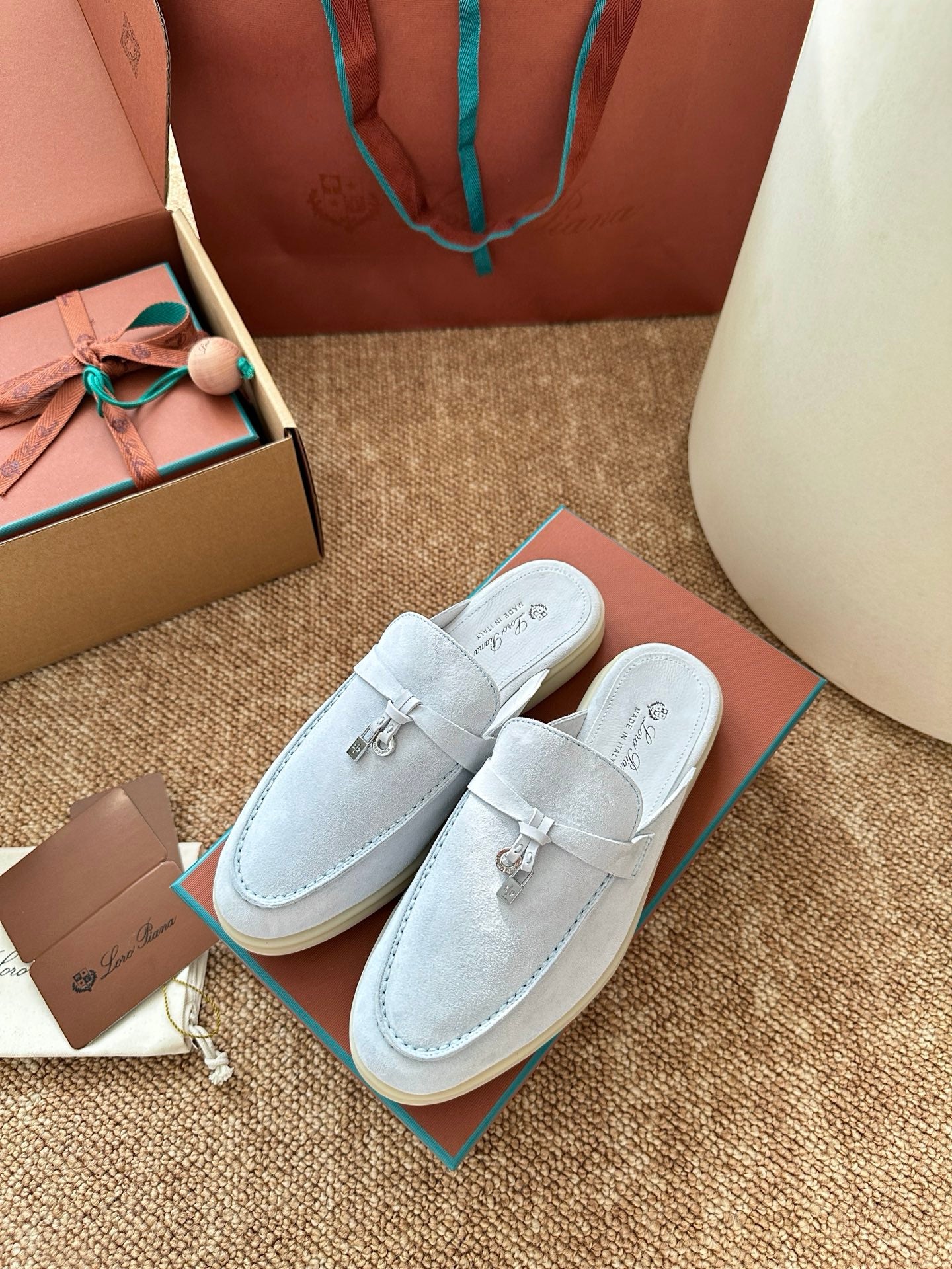 Loro Piana Charms Walk Flat Mules Water Blue Suede 623557