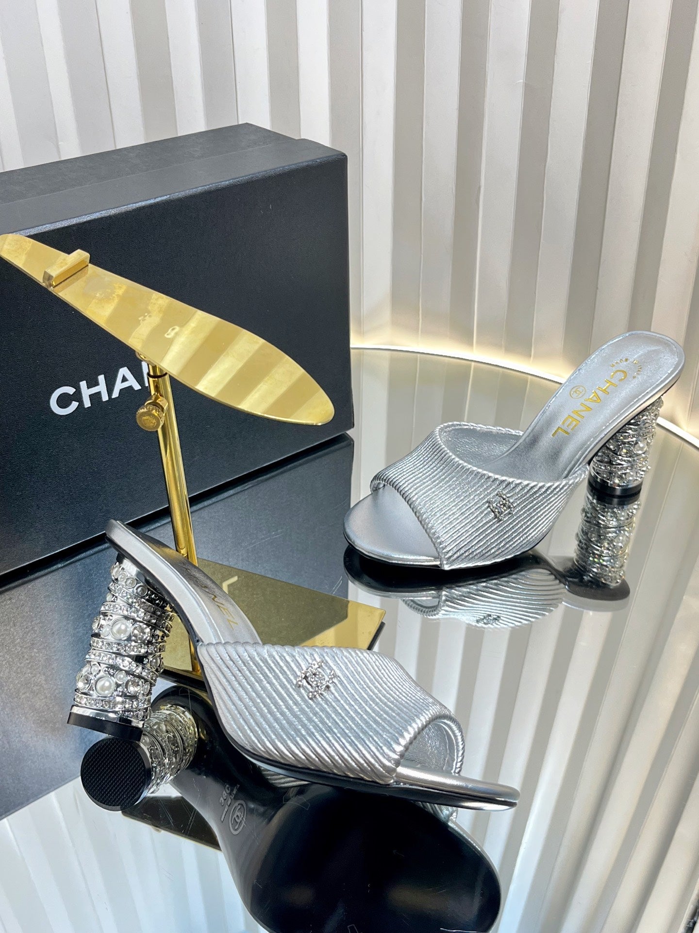 CC 26P Mule Sandals 8cm Sliver  Leather 767856