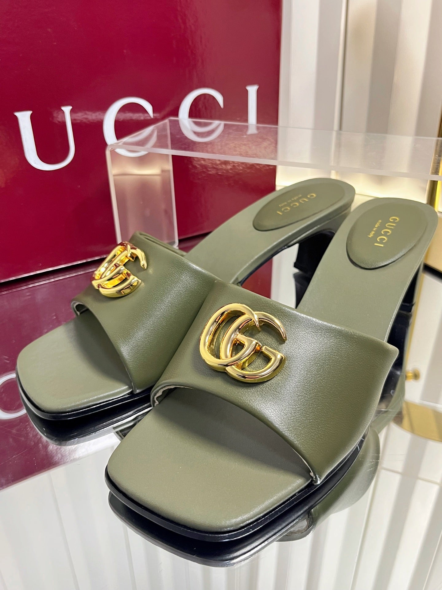 GG 26S Slippers 4.5cm Olive Green Leather 616459