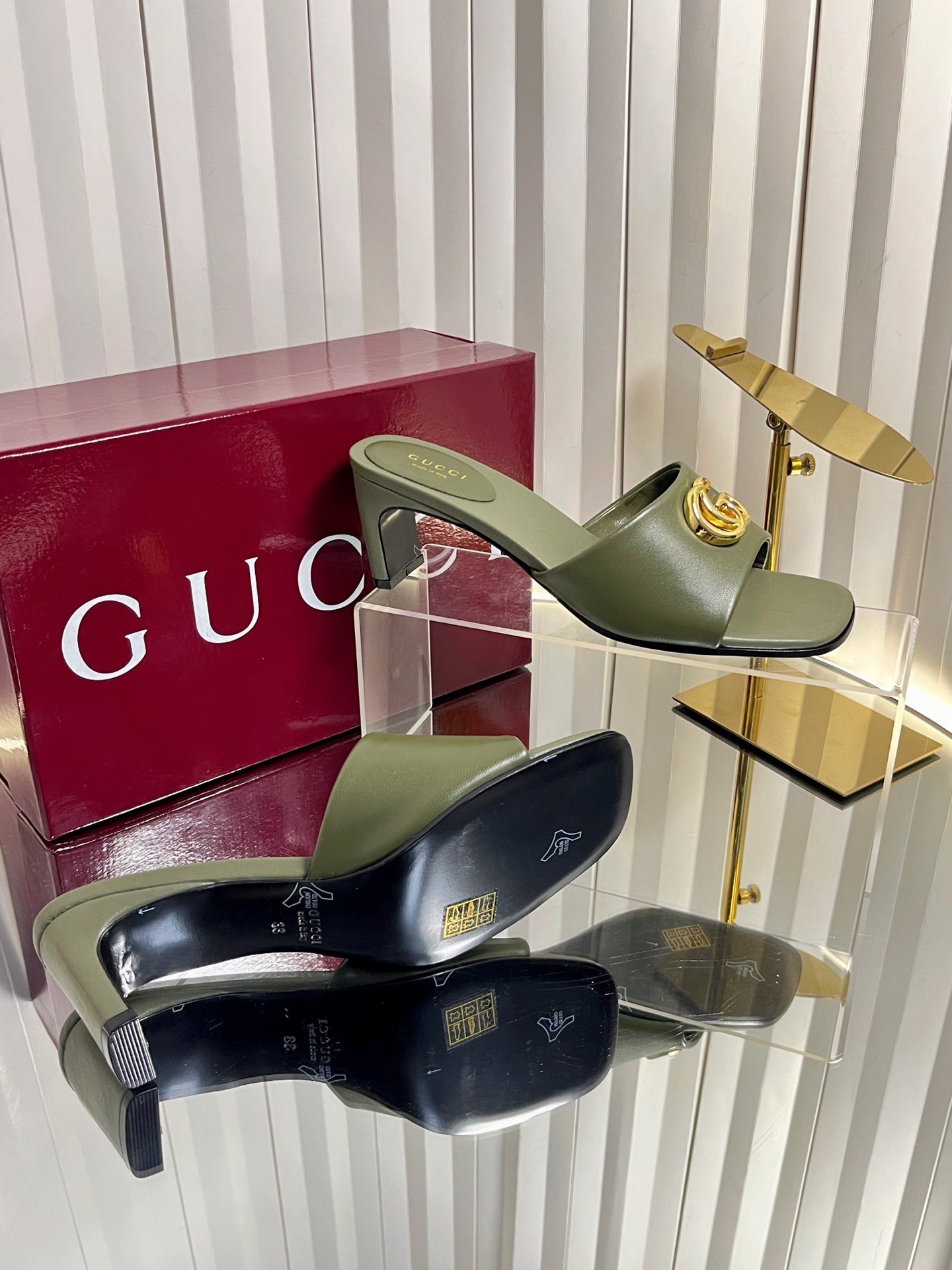 GG 26S Slippers 4.5cm Olive Green Leather 616459