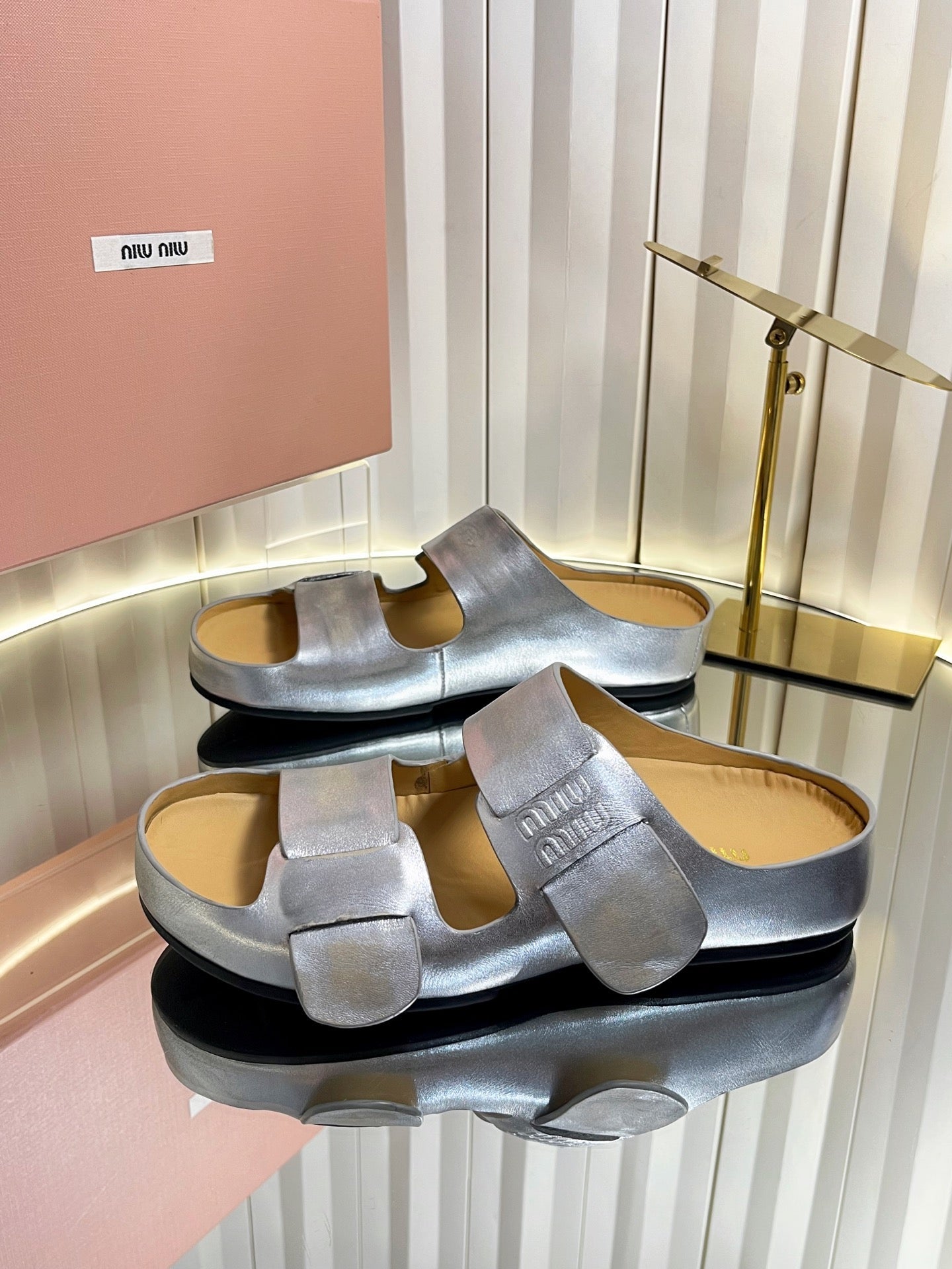 Miumiu 26s Double-Strap Slides In Sliver Calfskin