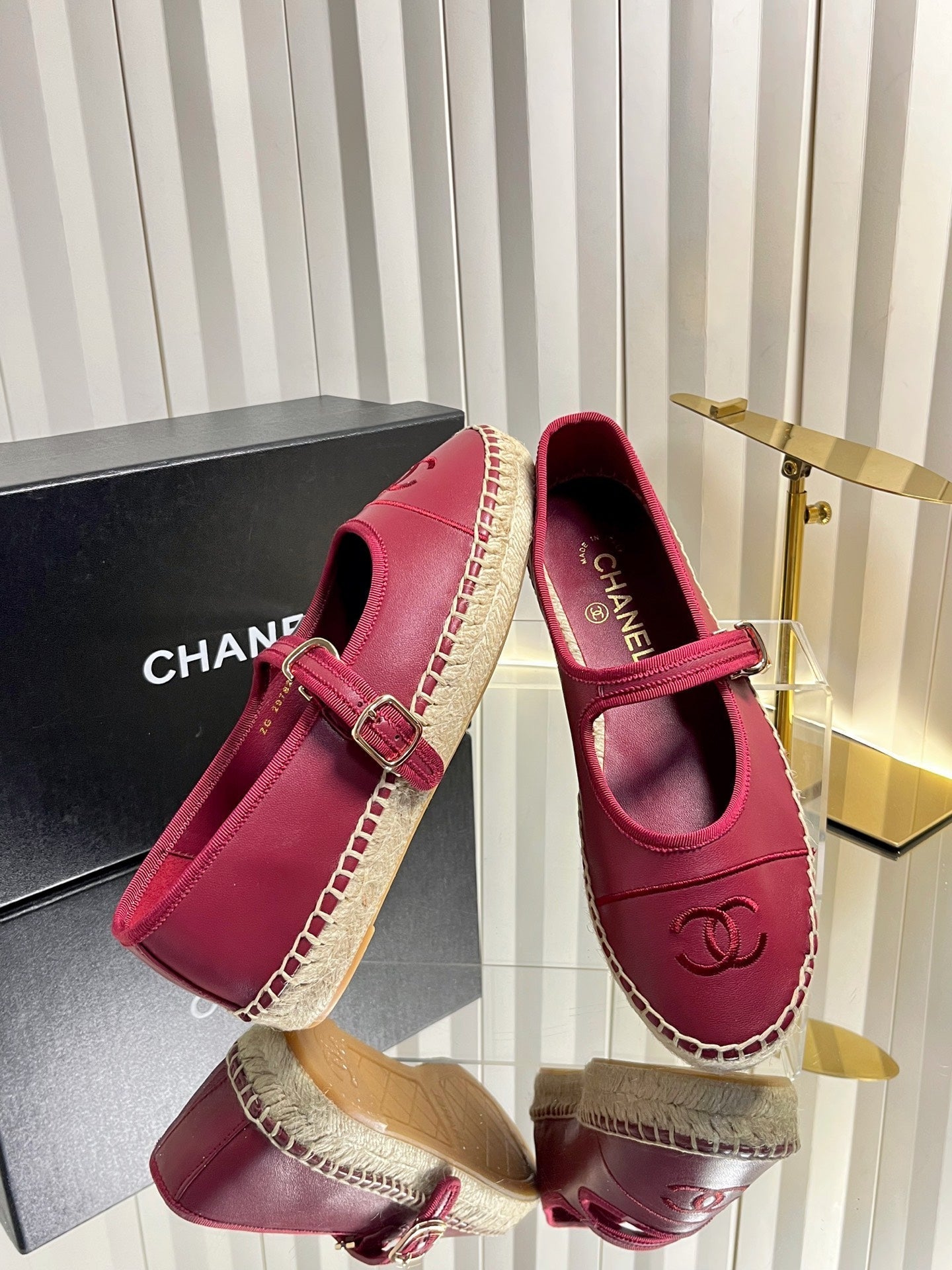CC 26s Espadrille Mary Jane Shoes Dark Red Lambskin