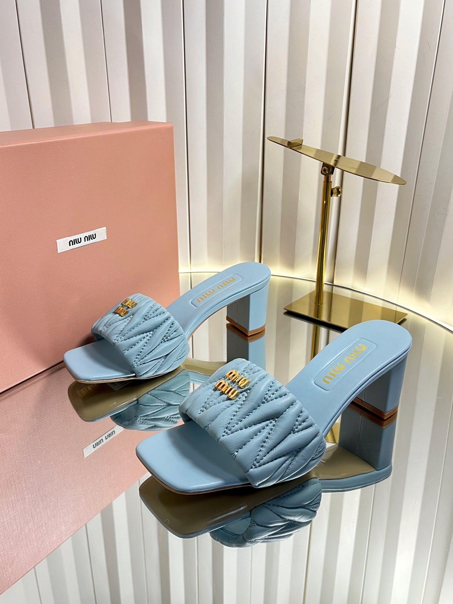 Miu 26s Padded Matelasse Mule Heels 65mm In Light Blue Calfskin Gold Hardware