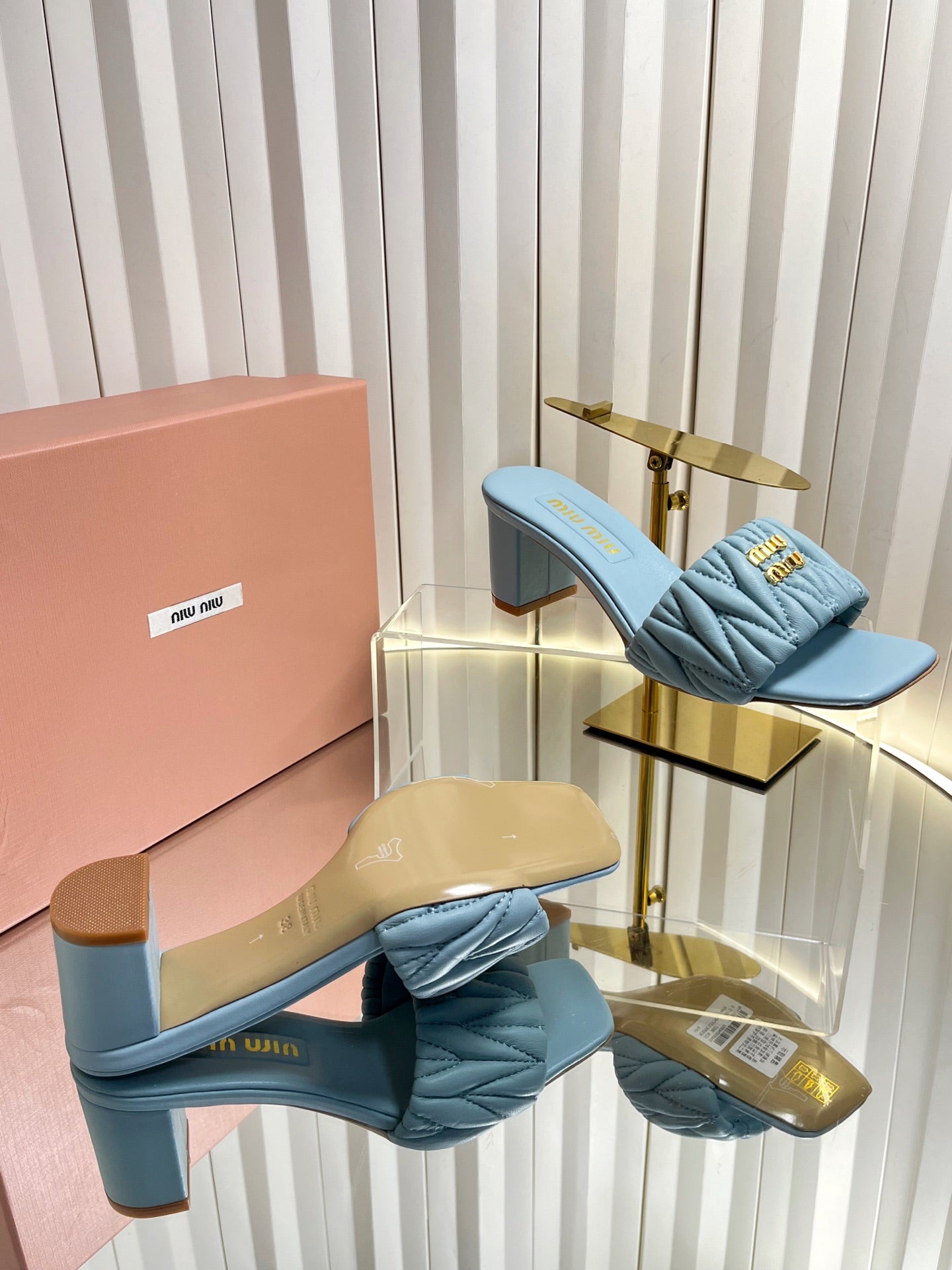 Miu 26s Padded Matelasse Mule Heels 65mm In Light Blue Calfskin Gold Hardware