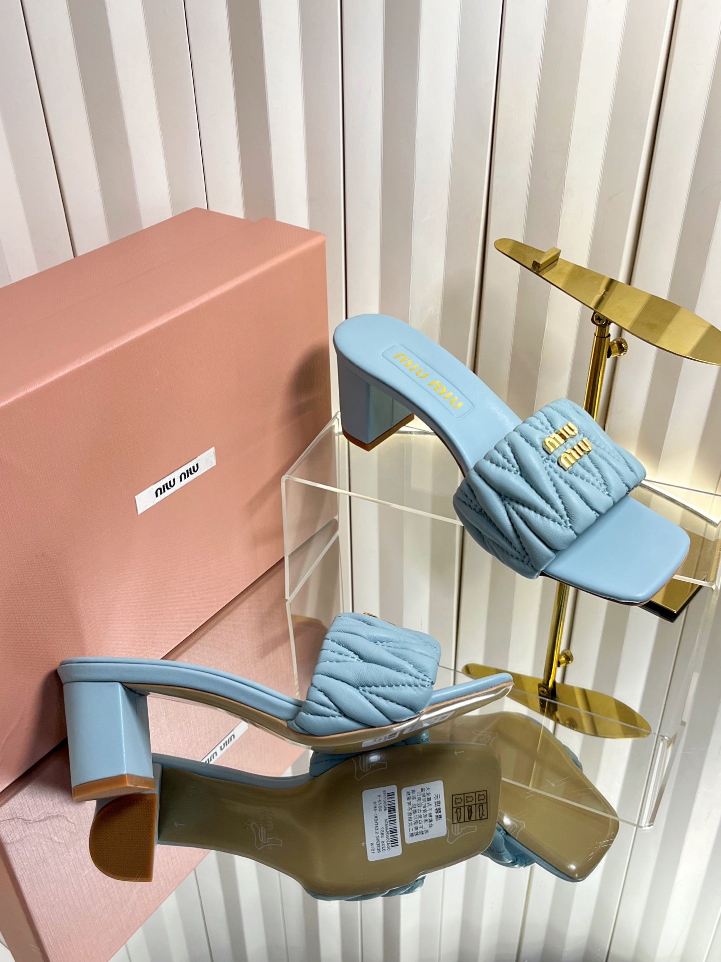 Miu 26s Padded Matelasse Mule Heels 65mm In Light Blue Calfskin Gold Hardware