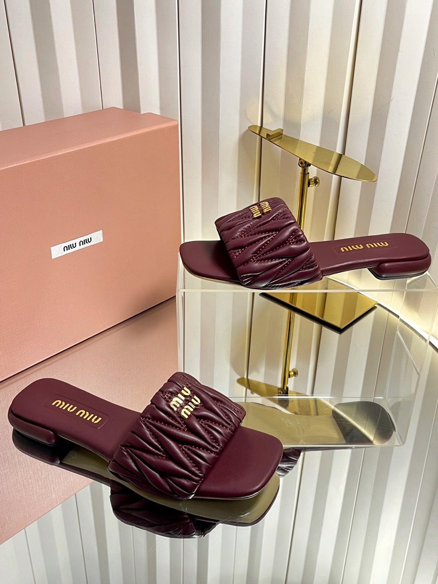 Miumiu 26s Matelasse Slides In Burgundy Calfskin Gold Hardware