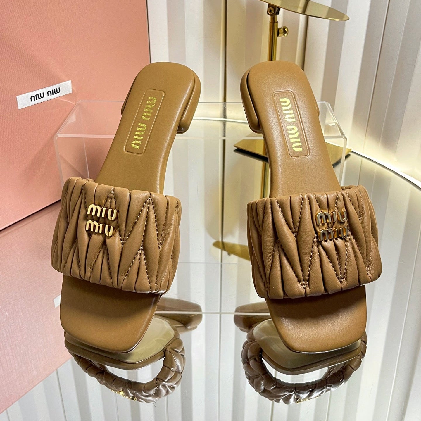 Miumiu 26s Matelasse Slides In Black Calfskin Gold Hardware