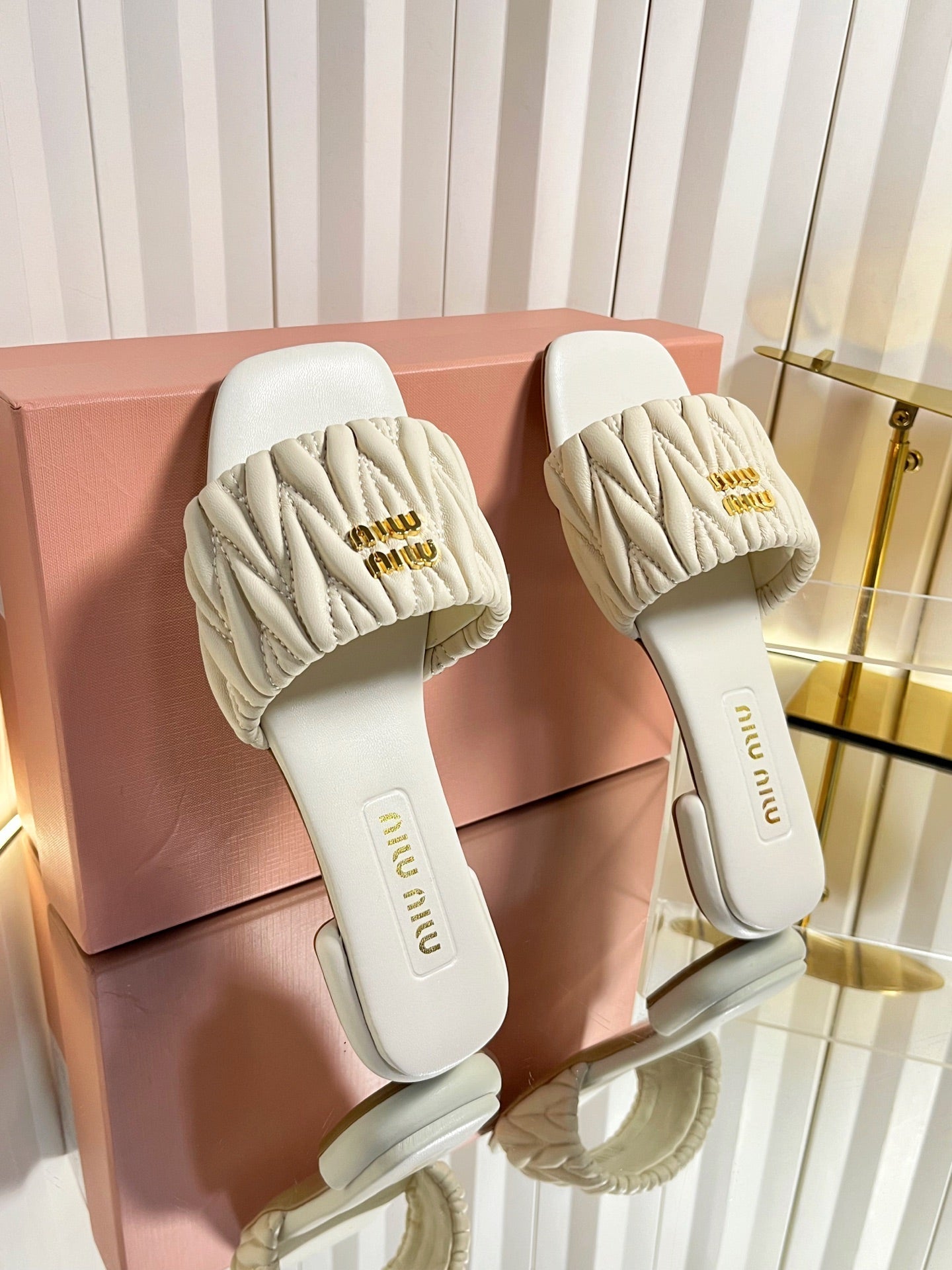 Miumiu 26s Matelasse Slides In Light Beige Calfskin Gold Hardware
