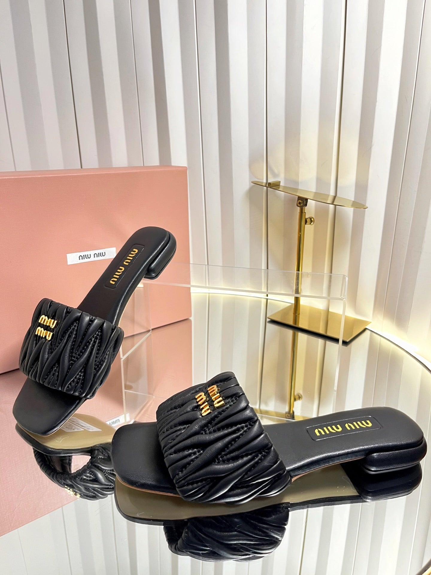 Miumiu 26s Matelasse Slides In Black Calfskin Gold Hardware