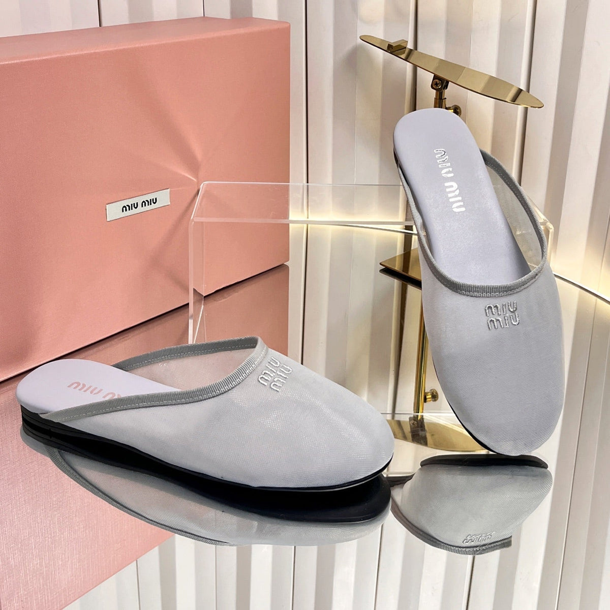 Miumiu 26s Flat Mules In Grey Fabric And Leather