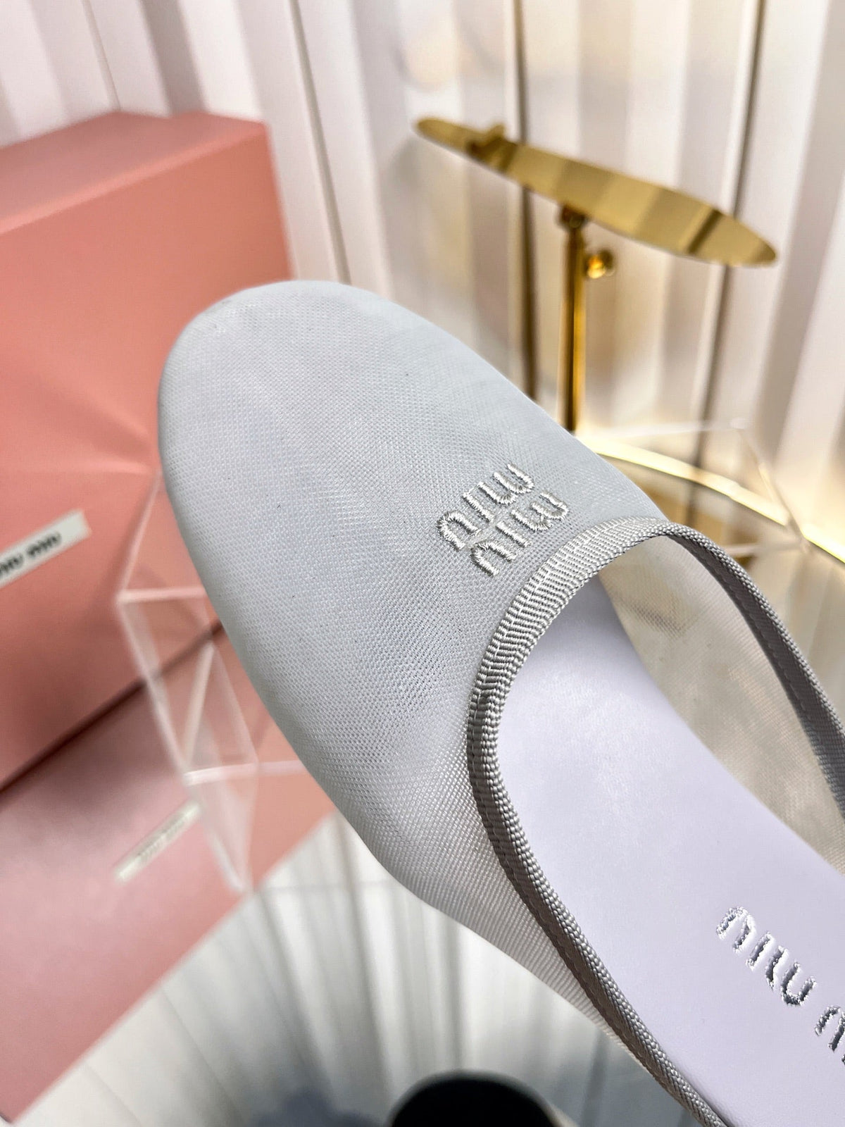 Miumiu 26s Flat Mules In Grey Fabric And Leather