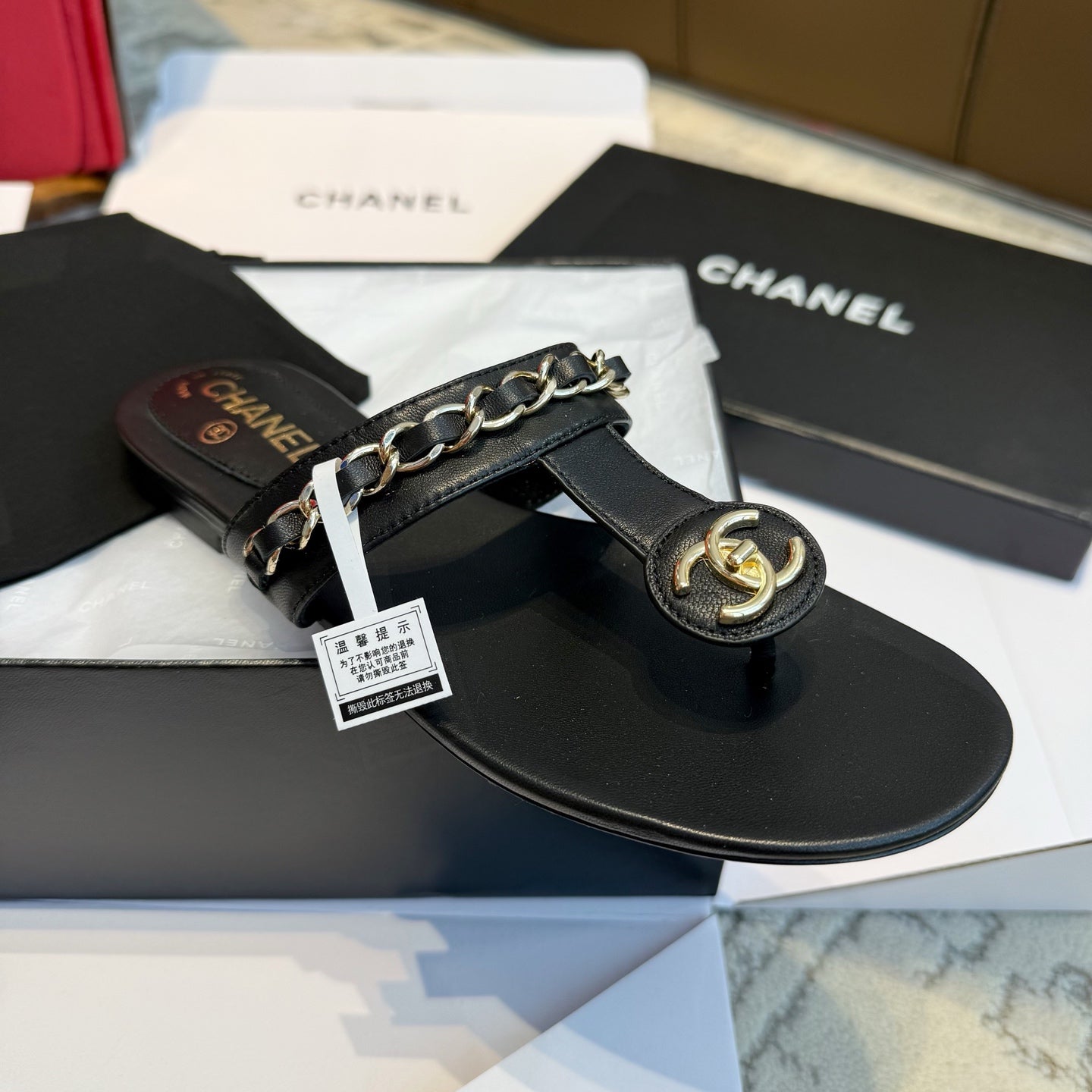 CC 25SS Thong Sandal 2cm Leather Chain Black Lambskin 319700
