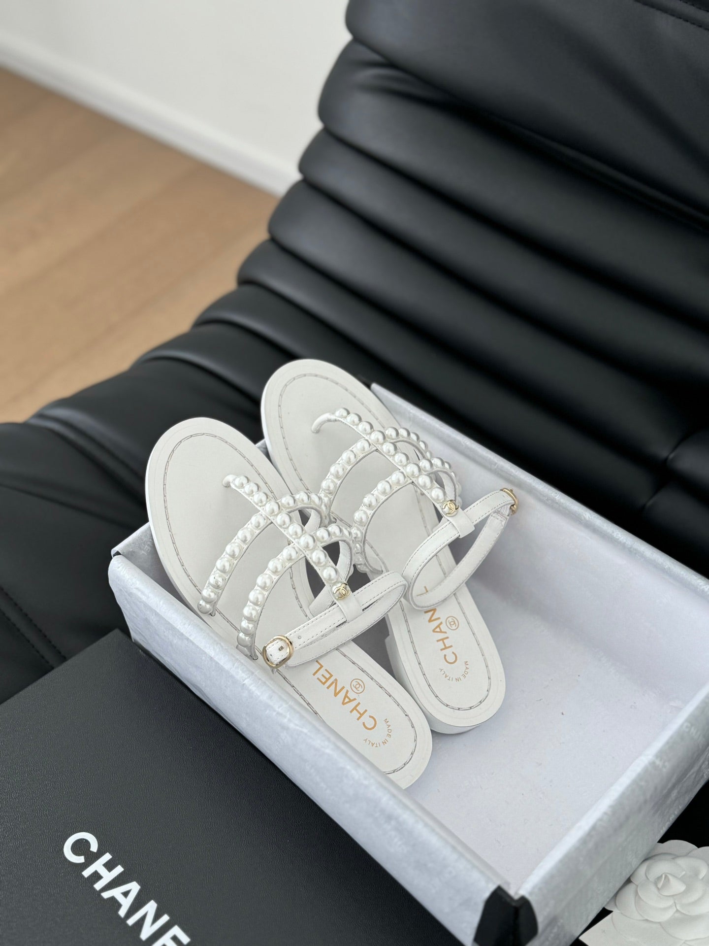 CC 26s Mule Slippers With Pearl Chain White Lambskin