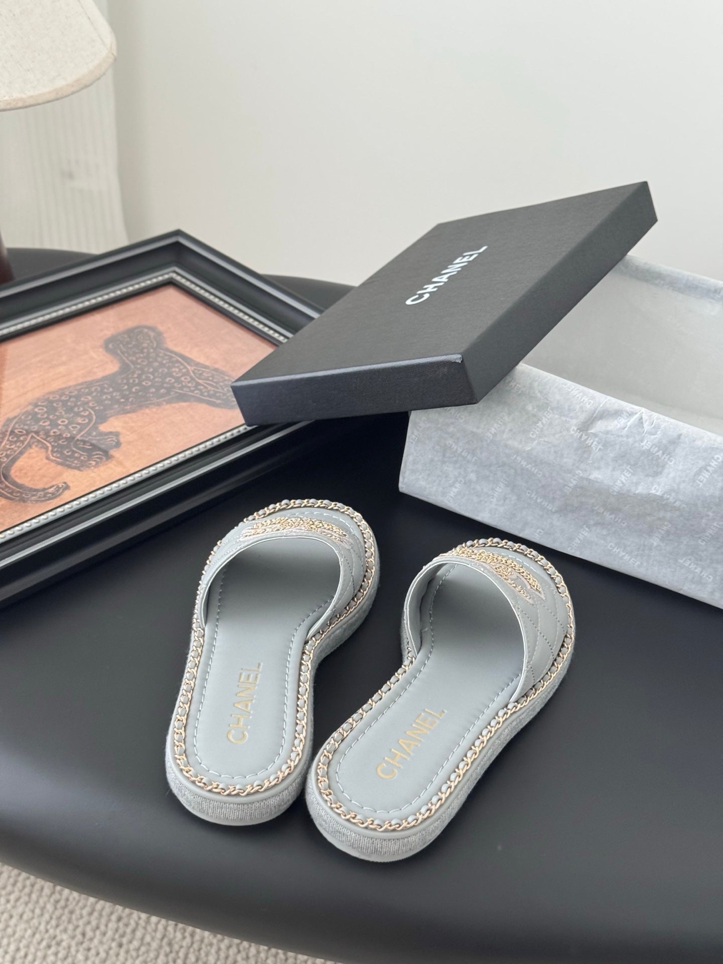 CC Slipper In Beau Blue Calfskin Mix Chain Base