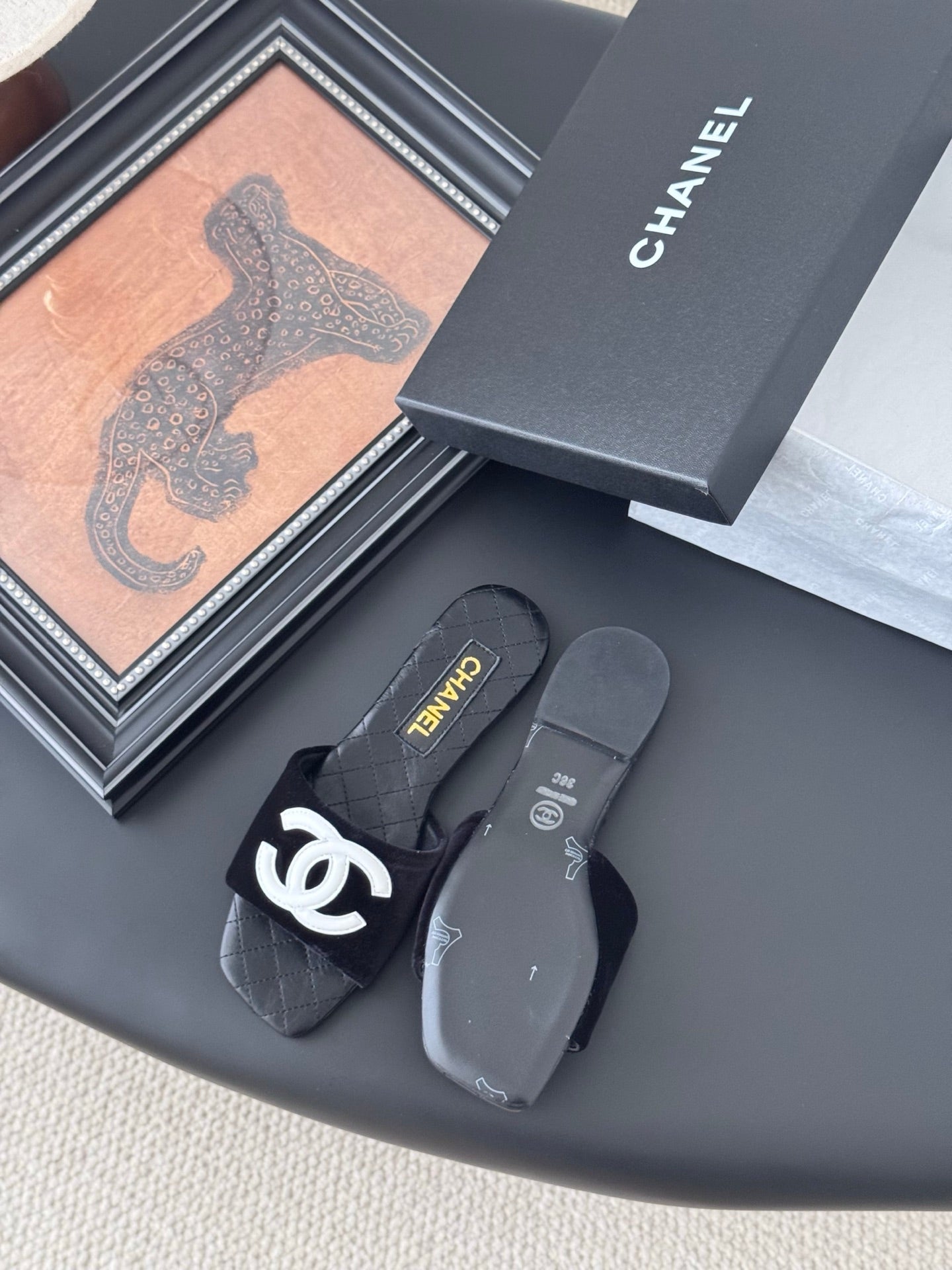 CC Slipper In Black Calfskin Mix Velvet