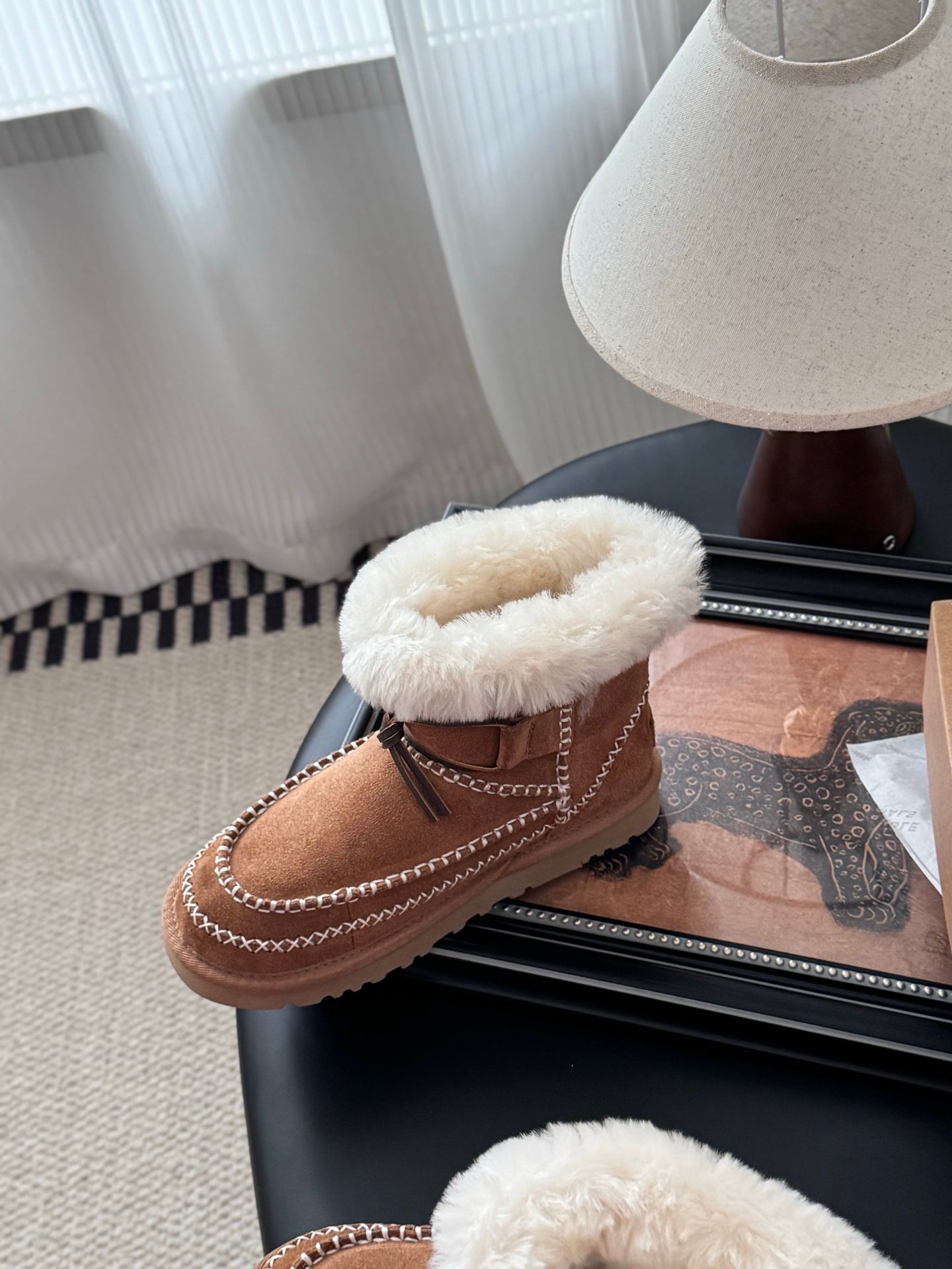 UGG Classic Ultra Mini Alpine Boots Brown White Wool Suede 508049