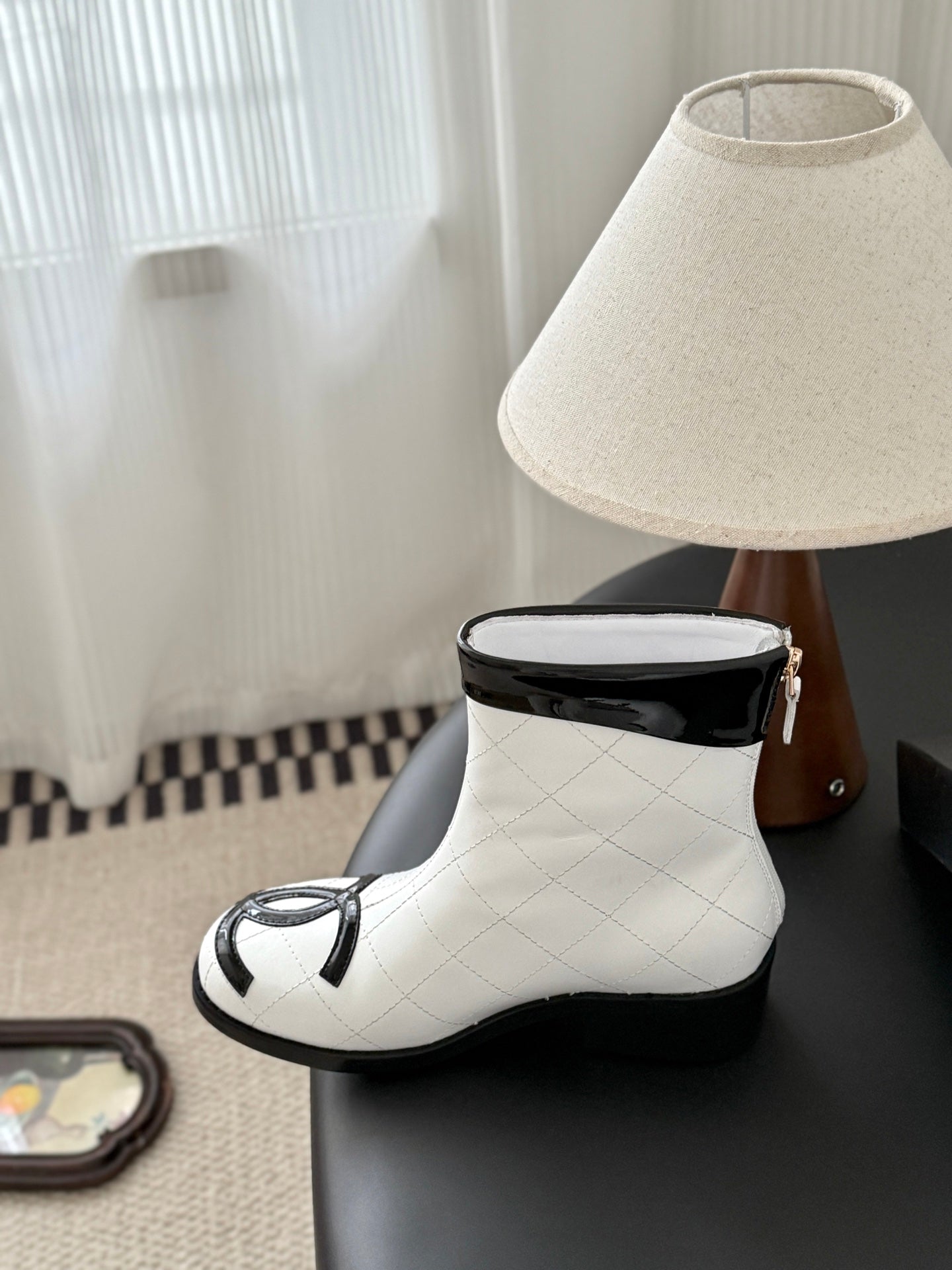 CC Cambon Ankle  Boots Black White Cowhide Patent Leather 540762