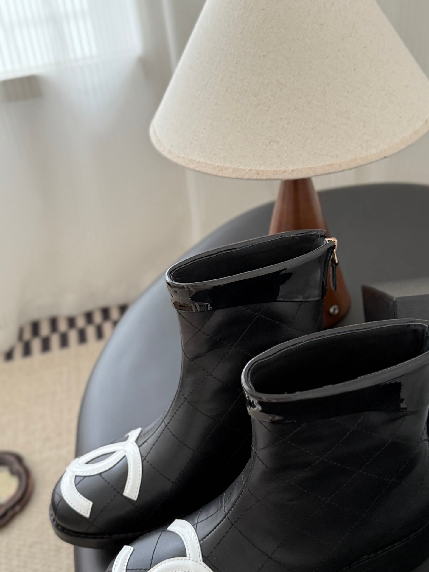 CC Cambon Ankle  Boots Black White Cowhide Patent Leather 540763