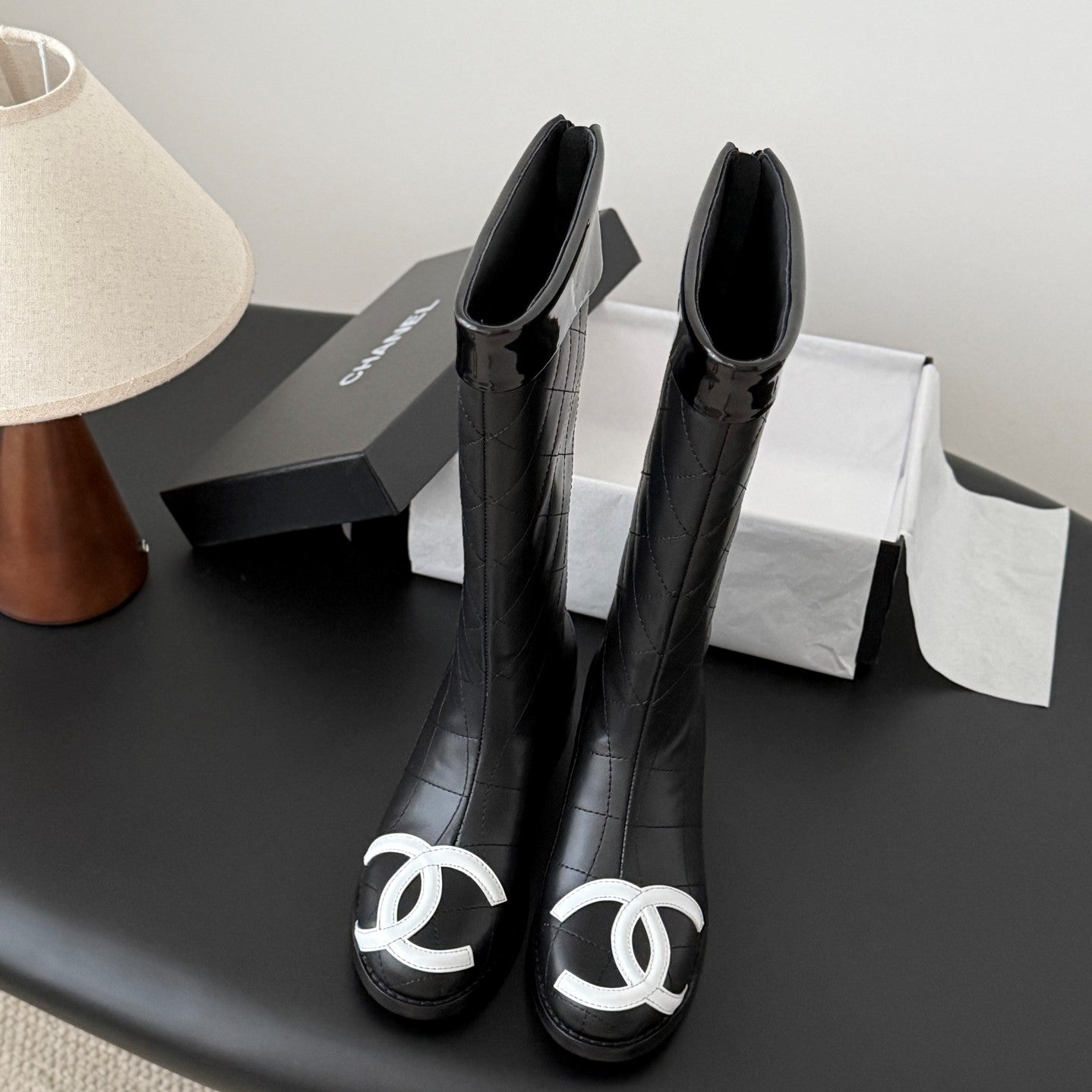CC Cambon Mid-Calf Boots Black White Cowhide Patent Leather 540766