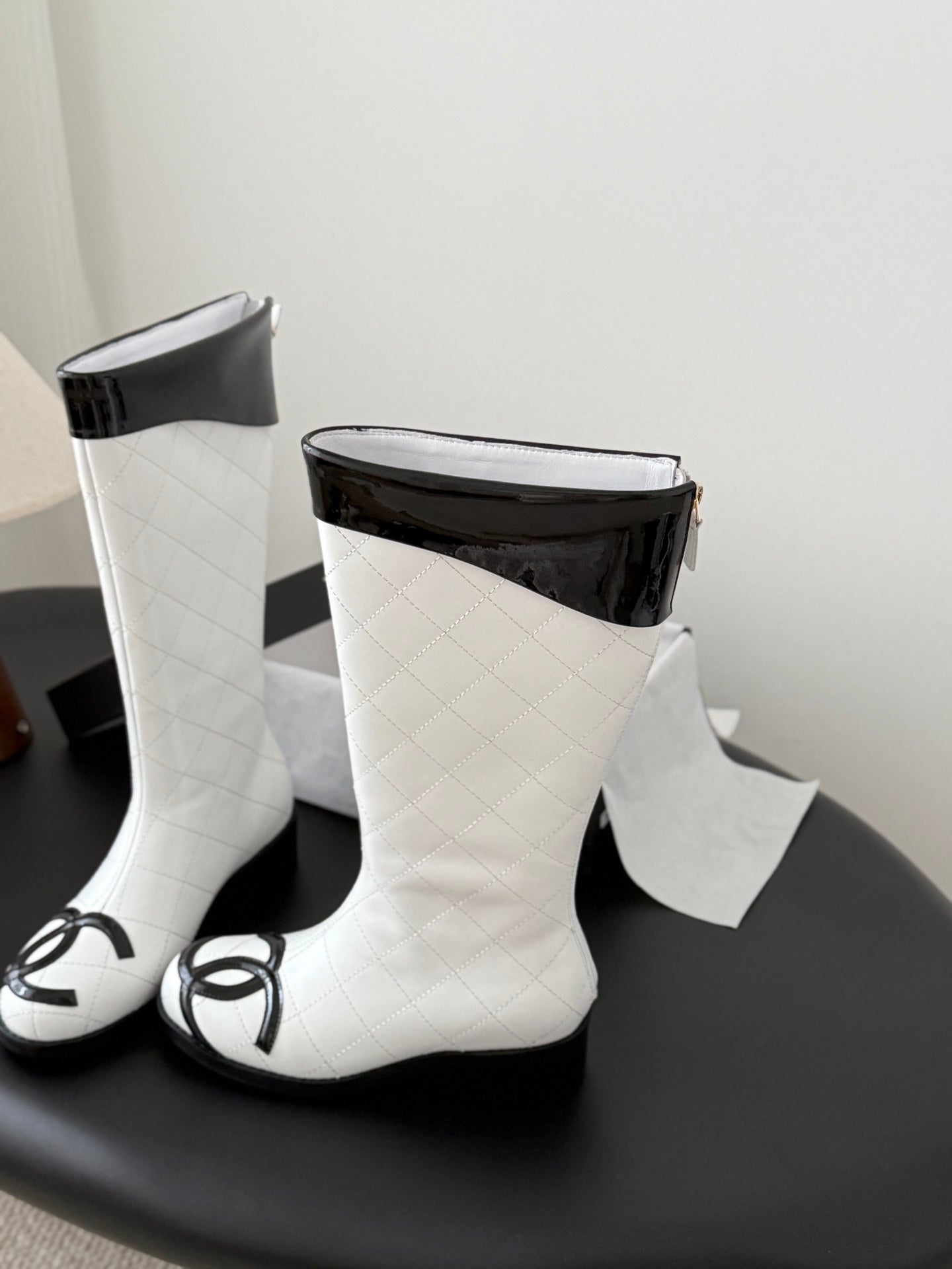 CC Cambon Mid-Calf Boots Black White Cowhide Patent Leather 540767