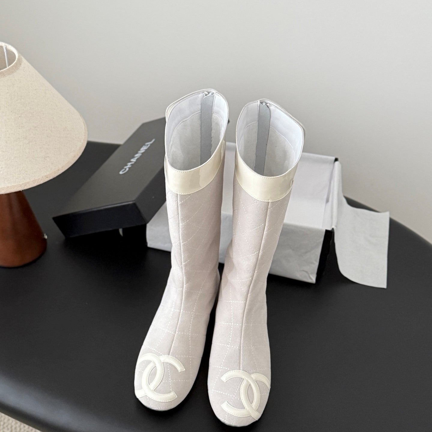CC Cambon Mid-Calf Boots Light Gray White Suede Patent Leather 540768