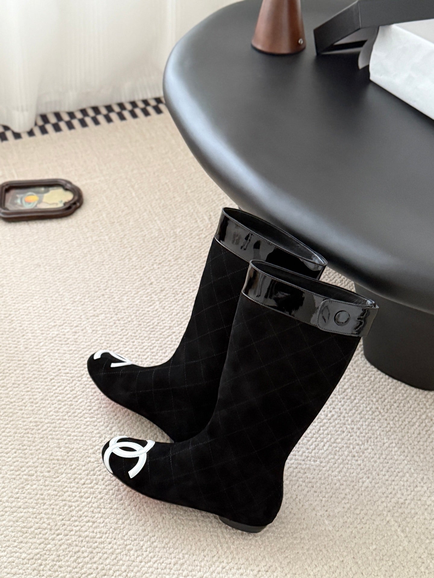 CC Cambon Mid-Calf Boots Black White Suede Patent Leather 540769