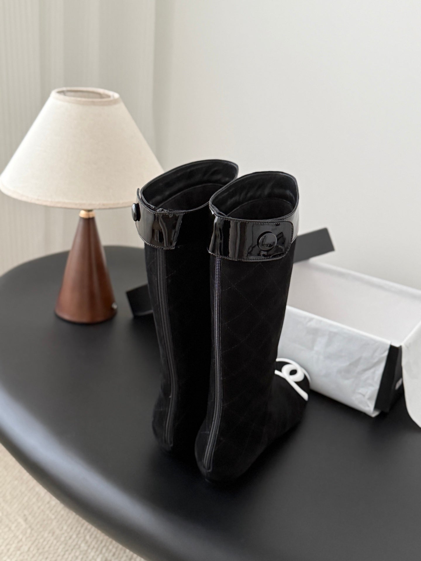 CC Cambon Mid-Calf Boots Black White Suede Patent Leather 540769
