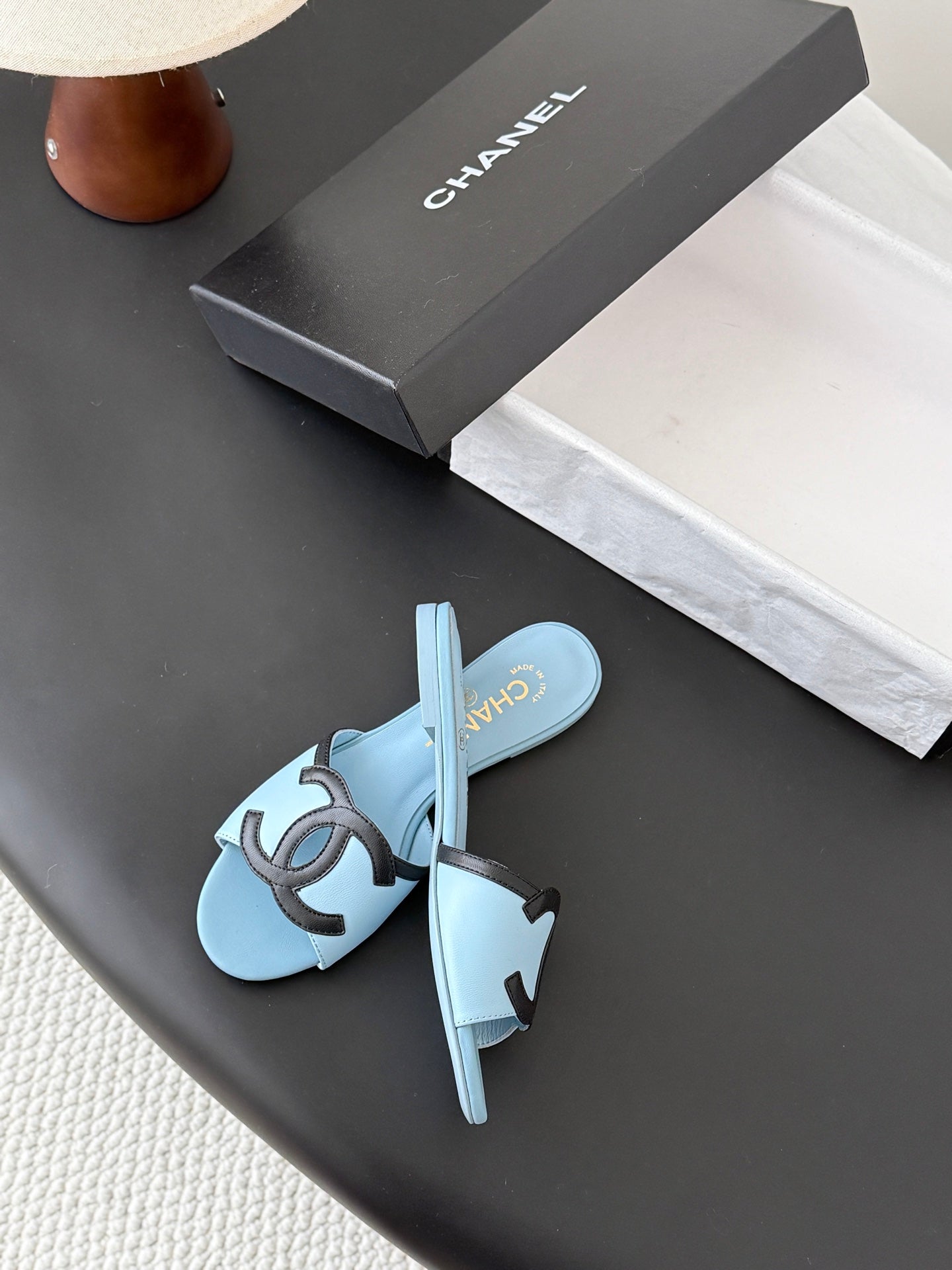 CC 2026 Flat Sandal Black Blue Lambskin 675866