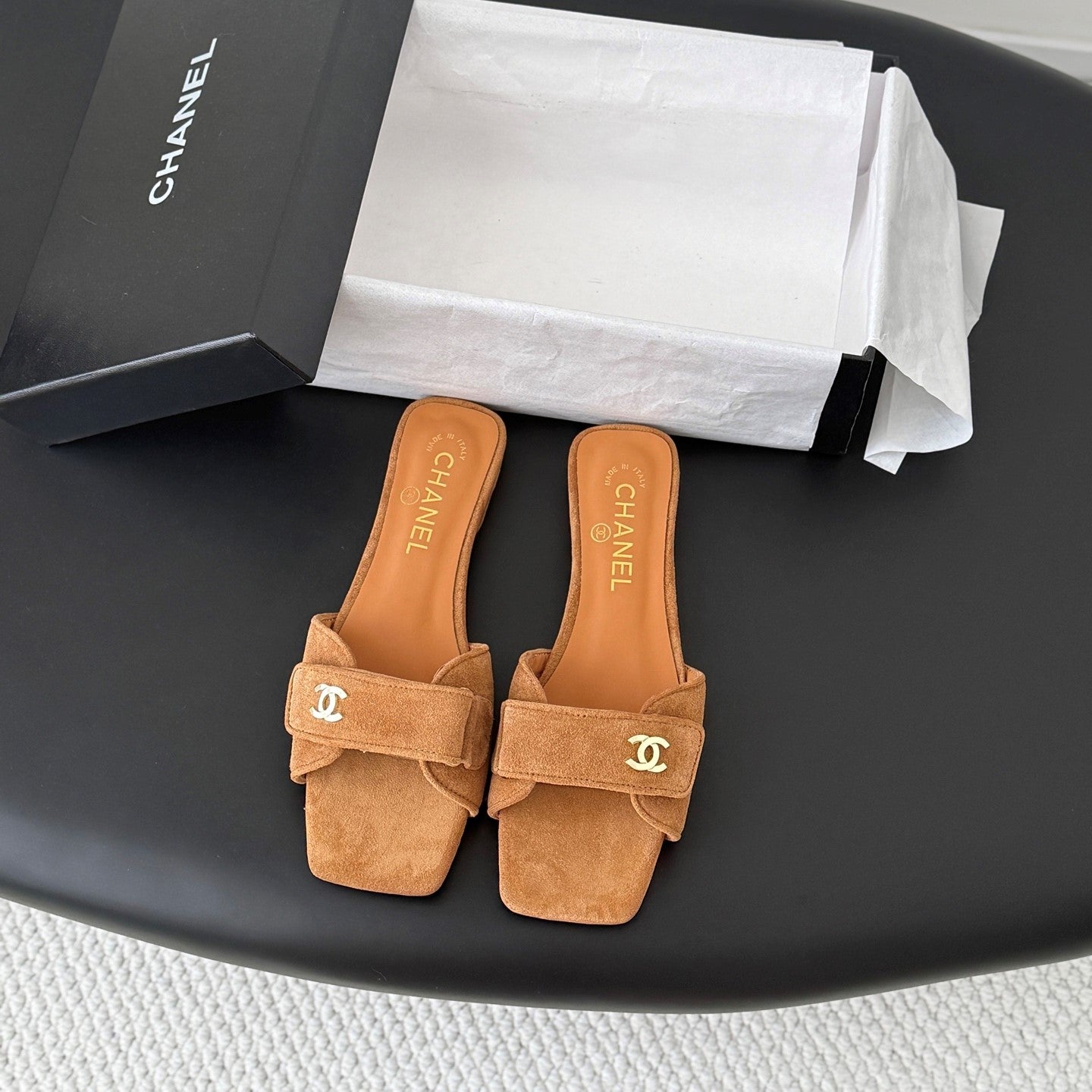 CC 26s Buckle Slippers Brown Suede 829738