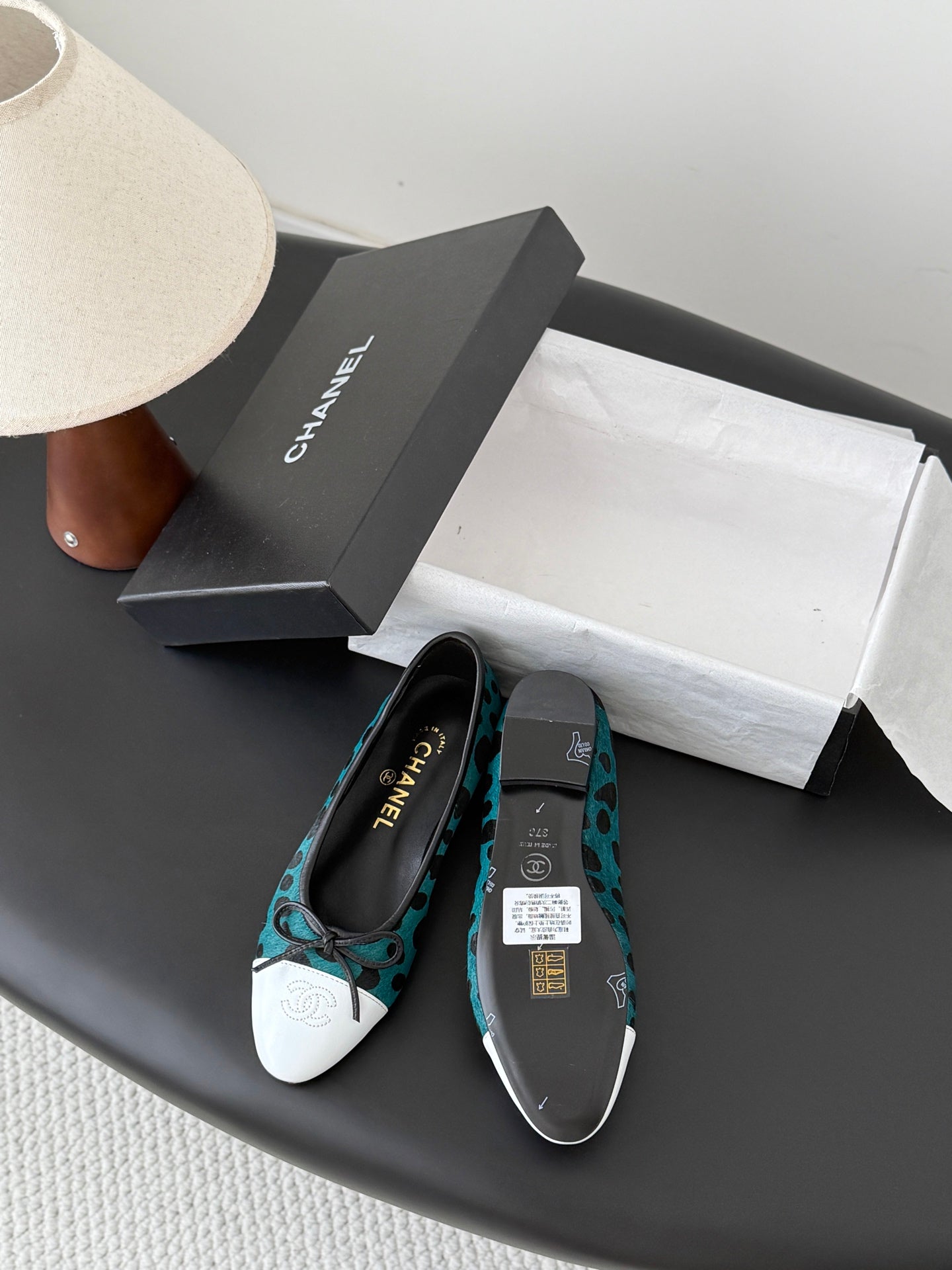 CC 26s Ballerina Flats Black Teal Green Pony Hair Calfskin 914547