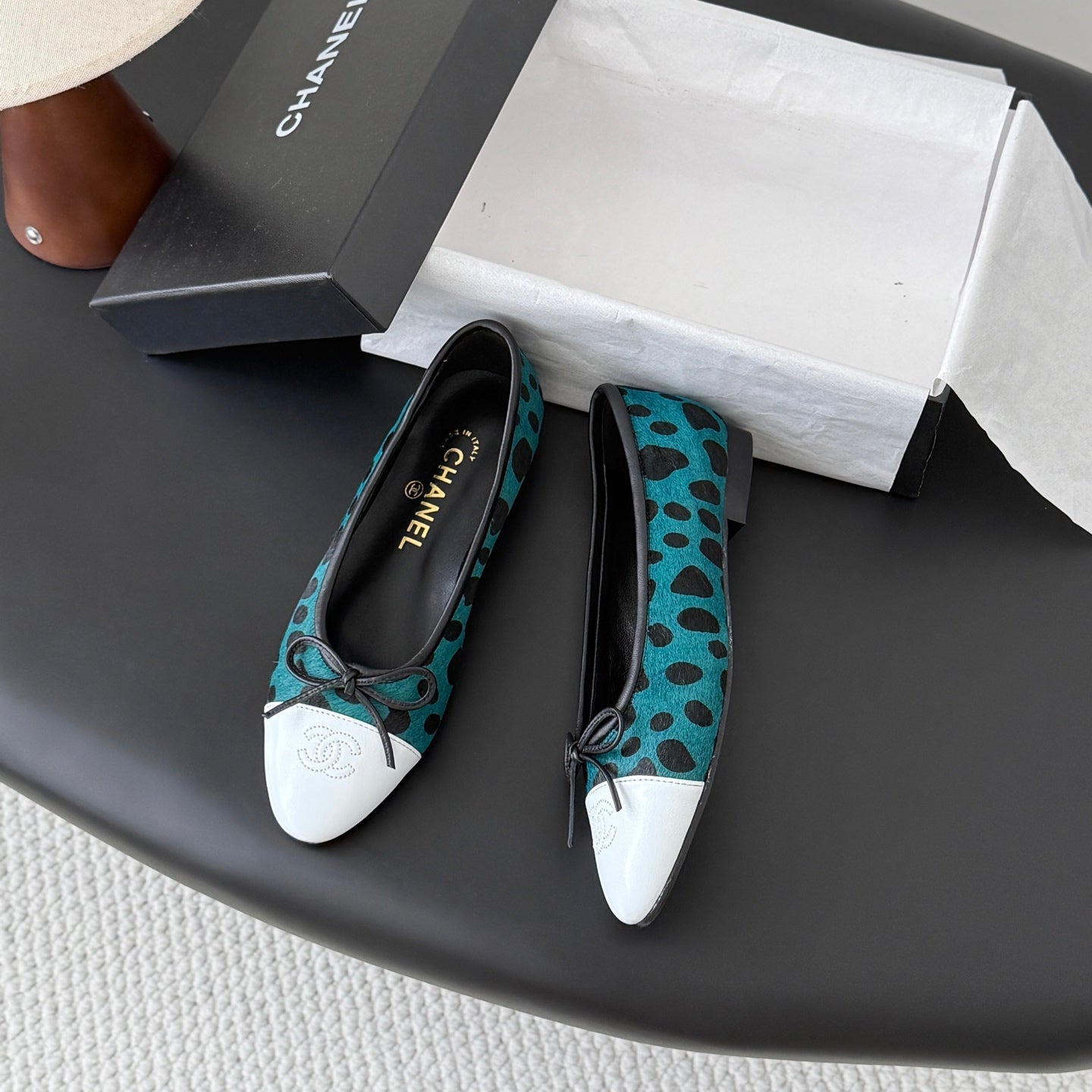 CC 26s Ballerina Flats Black Teal Green Pony Hair Calfskin 914547