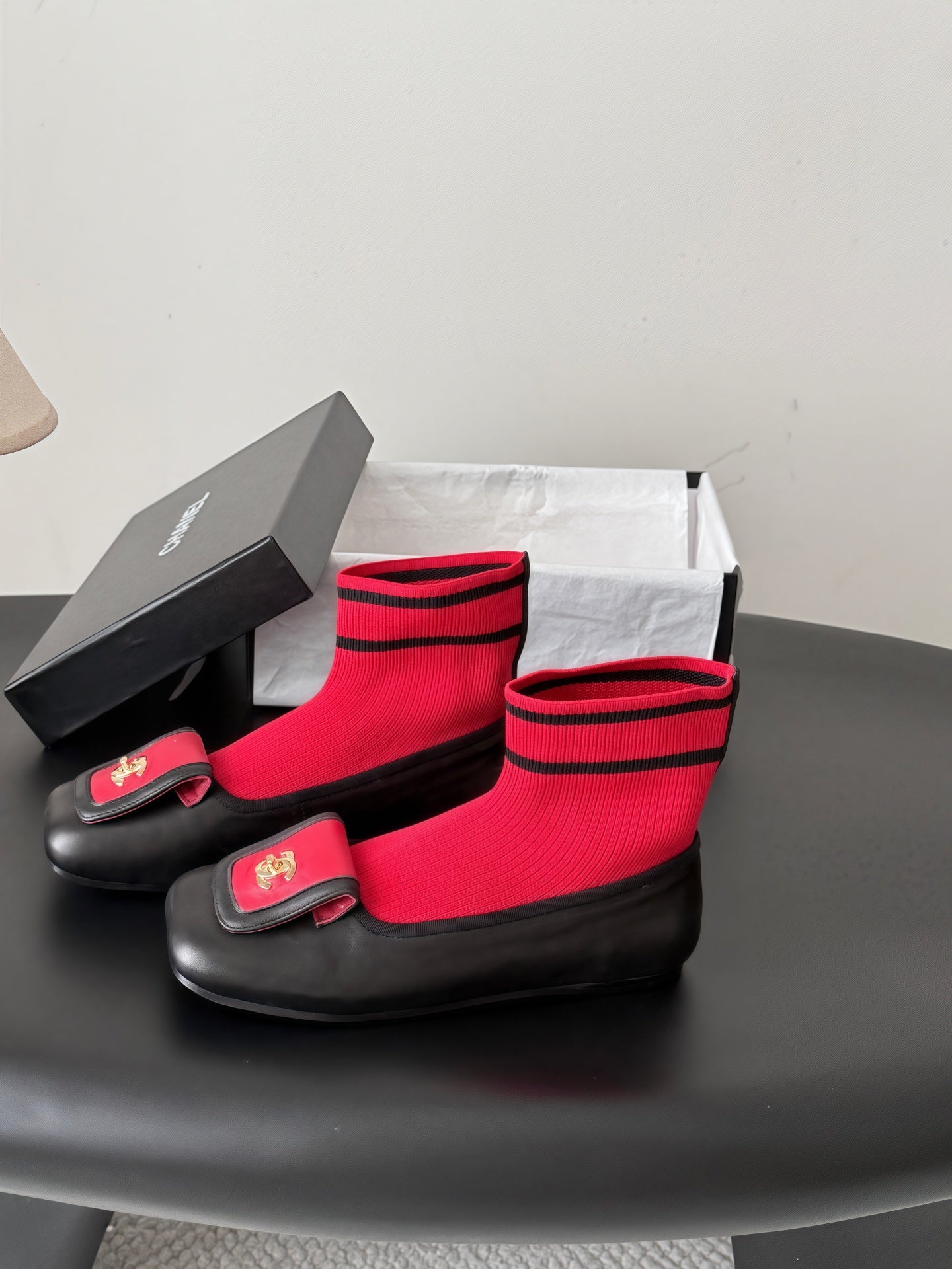 CC 26s Sock Boots Black Red Cotton Leather 969678