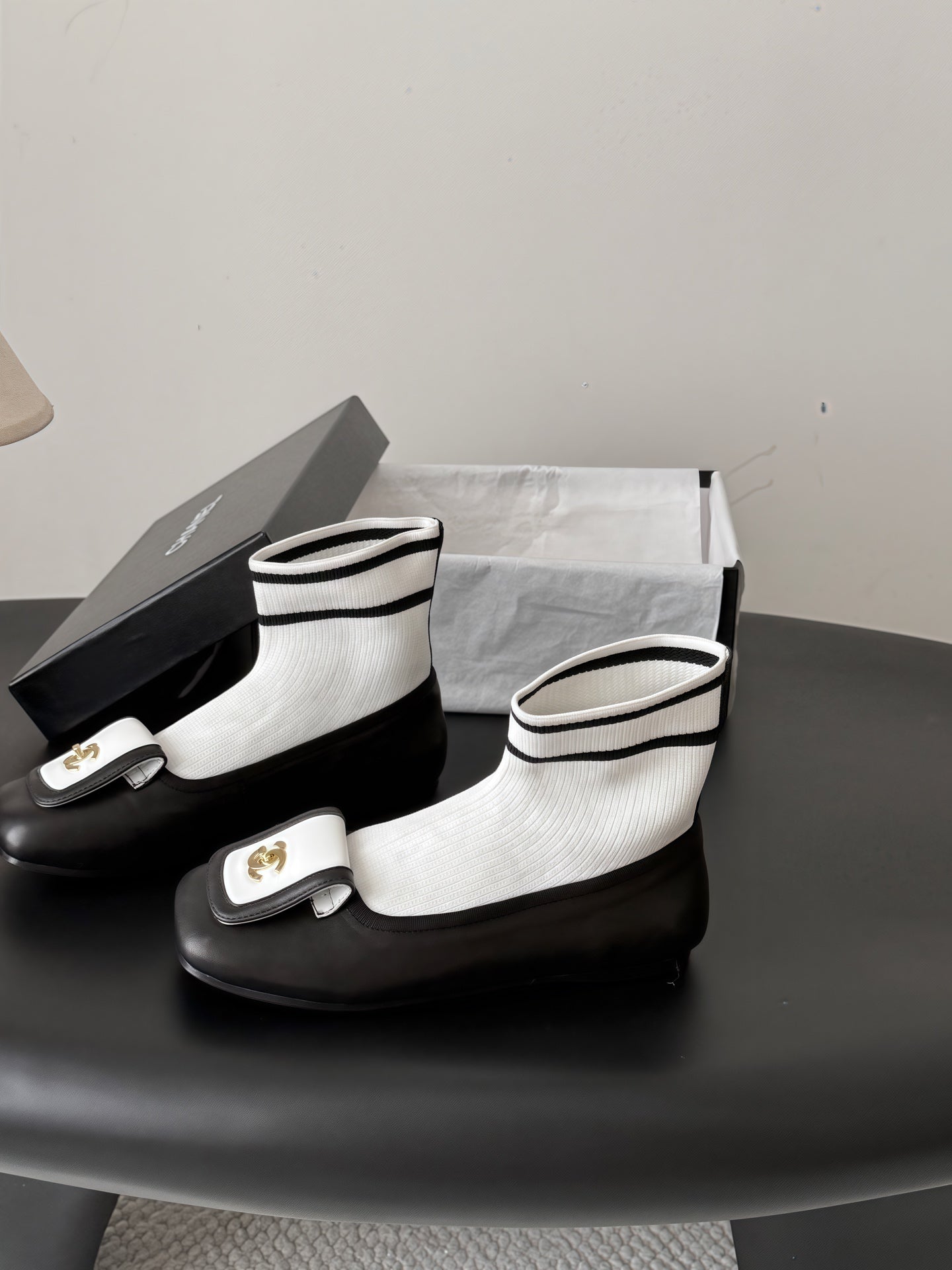 CC 26s Sock Boots Black White  Leather Cotton 969679