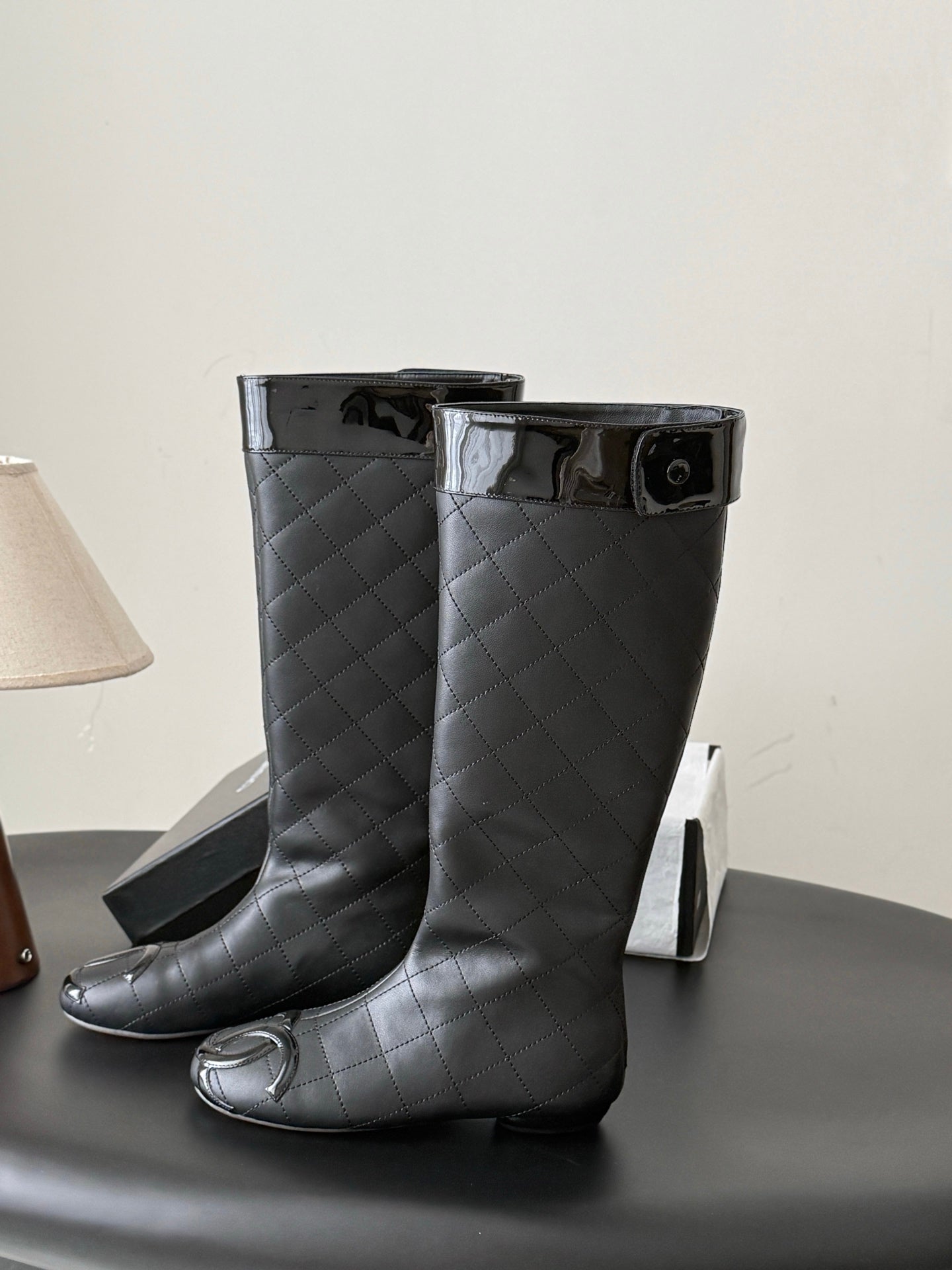CC 26s Cambon Quilted Tall Flat Boots Black Calfskin 969723