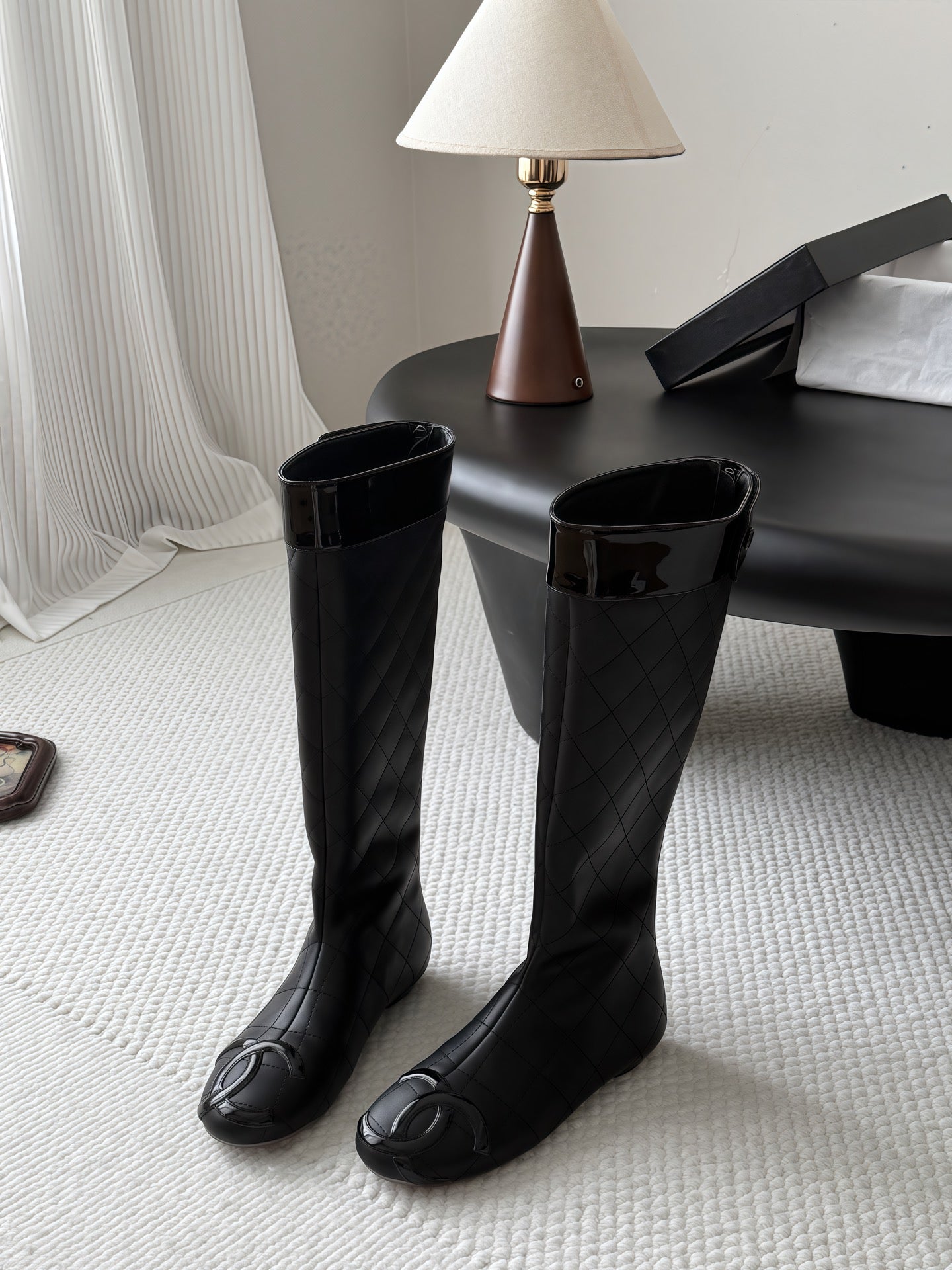 CC 26s Cambon Quilted Tall Flat Boots Black Calfskin 969723