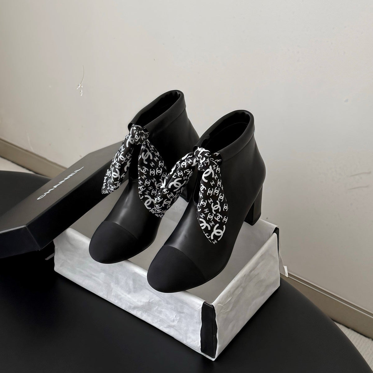 CC 26s Silk Scarf Ankle Boots Black Leather Grosgrain 127893
