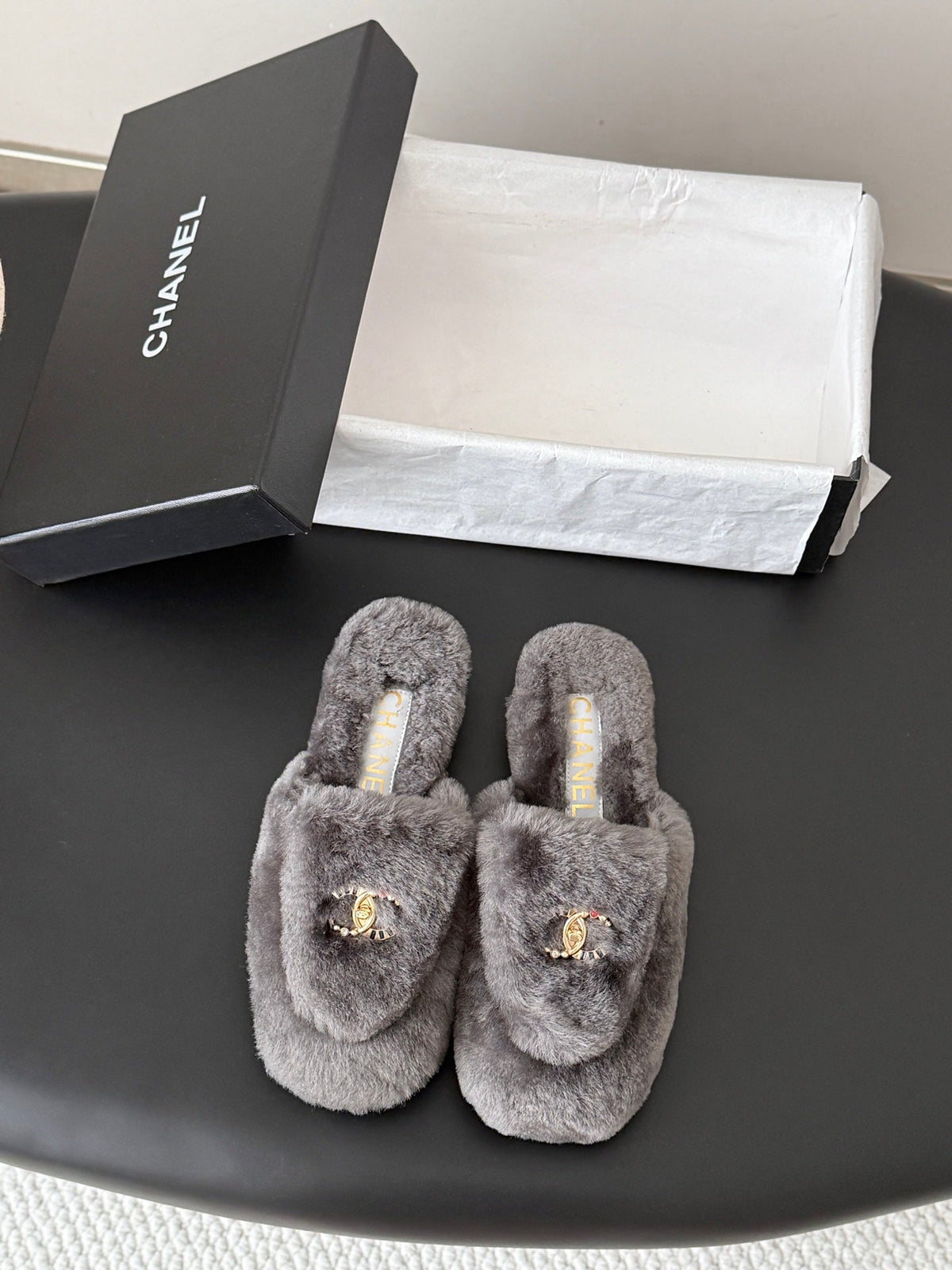 CC 26s Shearling Mules Grey Gold 127706