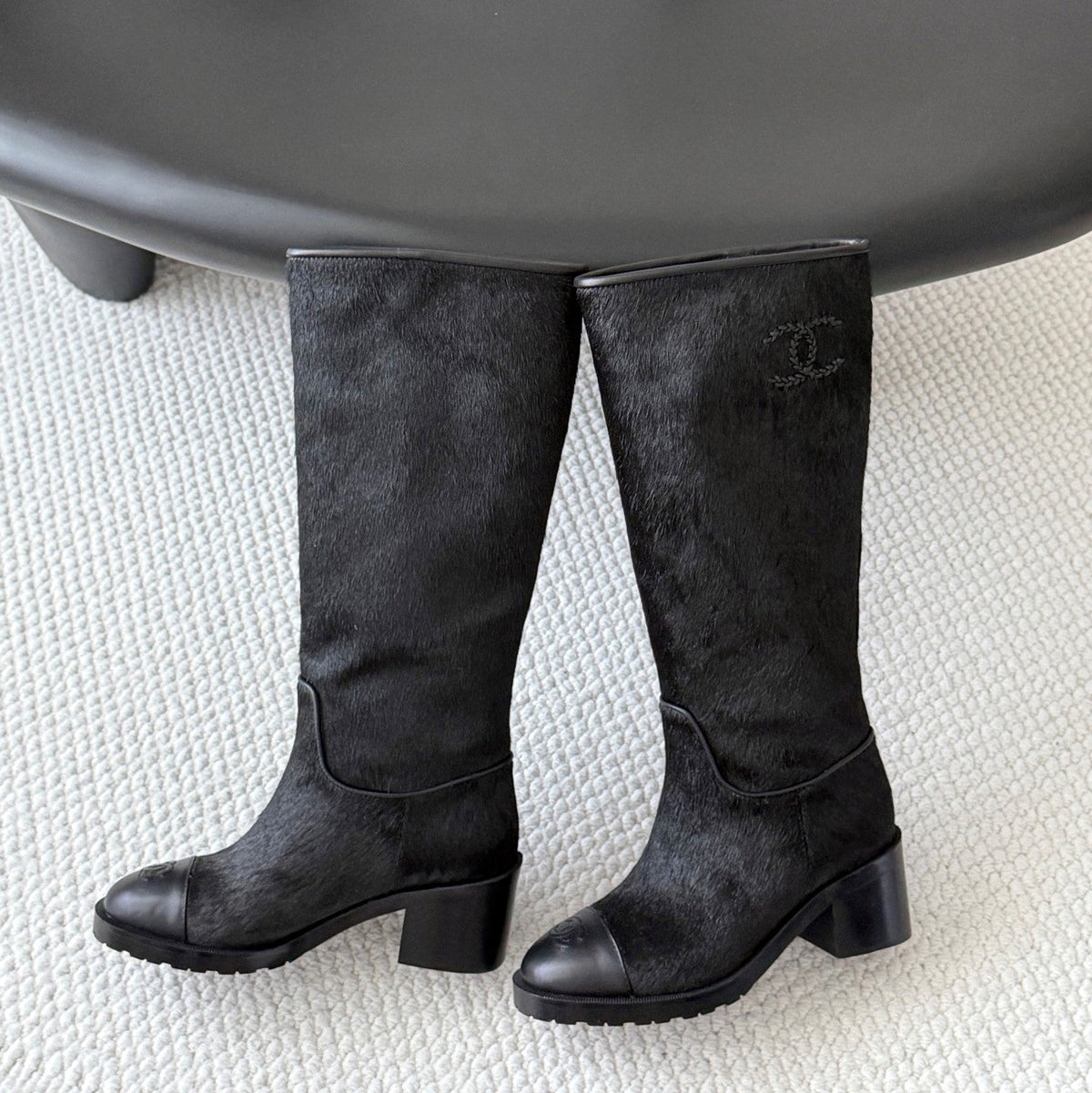 CC 26s Embroidered Logo Knee High Boots Black Black Pony Hair 127788