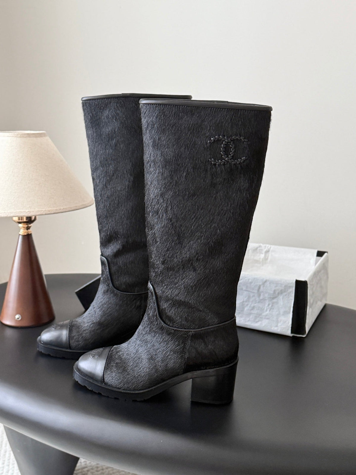 CC 26s Embroidered Logo Knee High Boots Black Black Pony Hair 127788