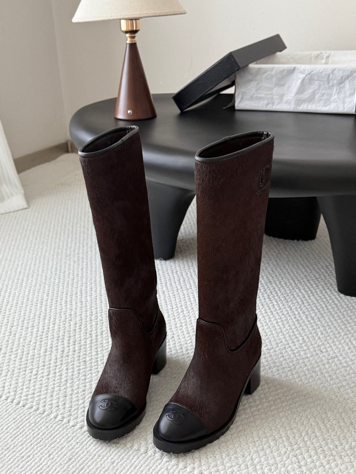 CC 26s Embroidered Logo Knee High Boots Brown Black Pony Hair 127789