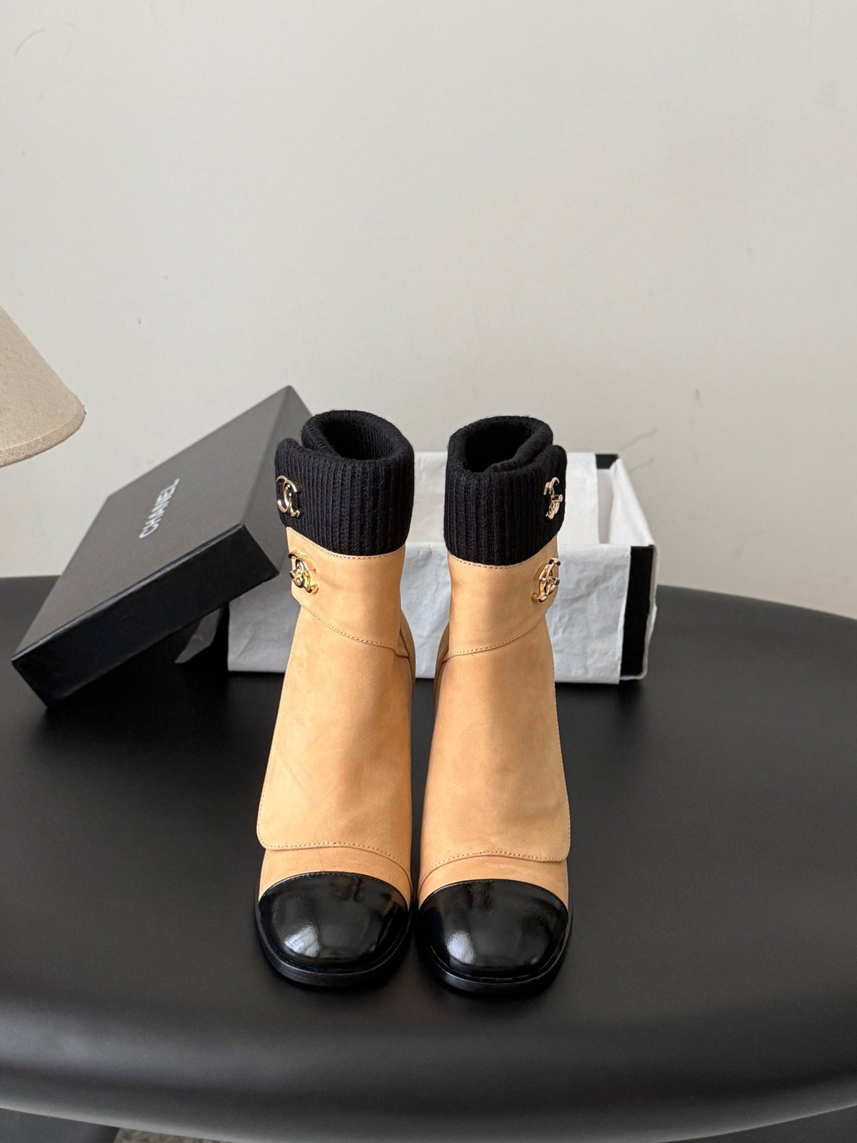 CC 26s Ankle Boots Beige Black Knit Cuff Suede 127793