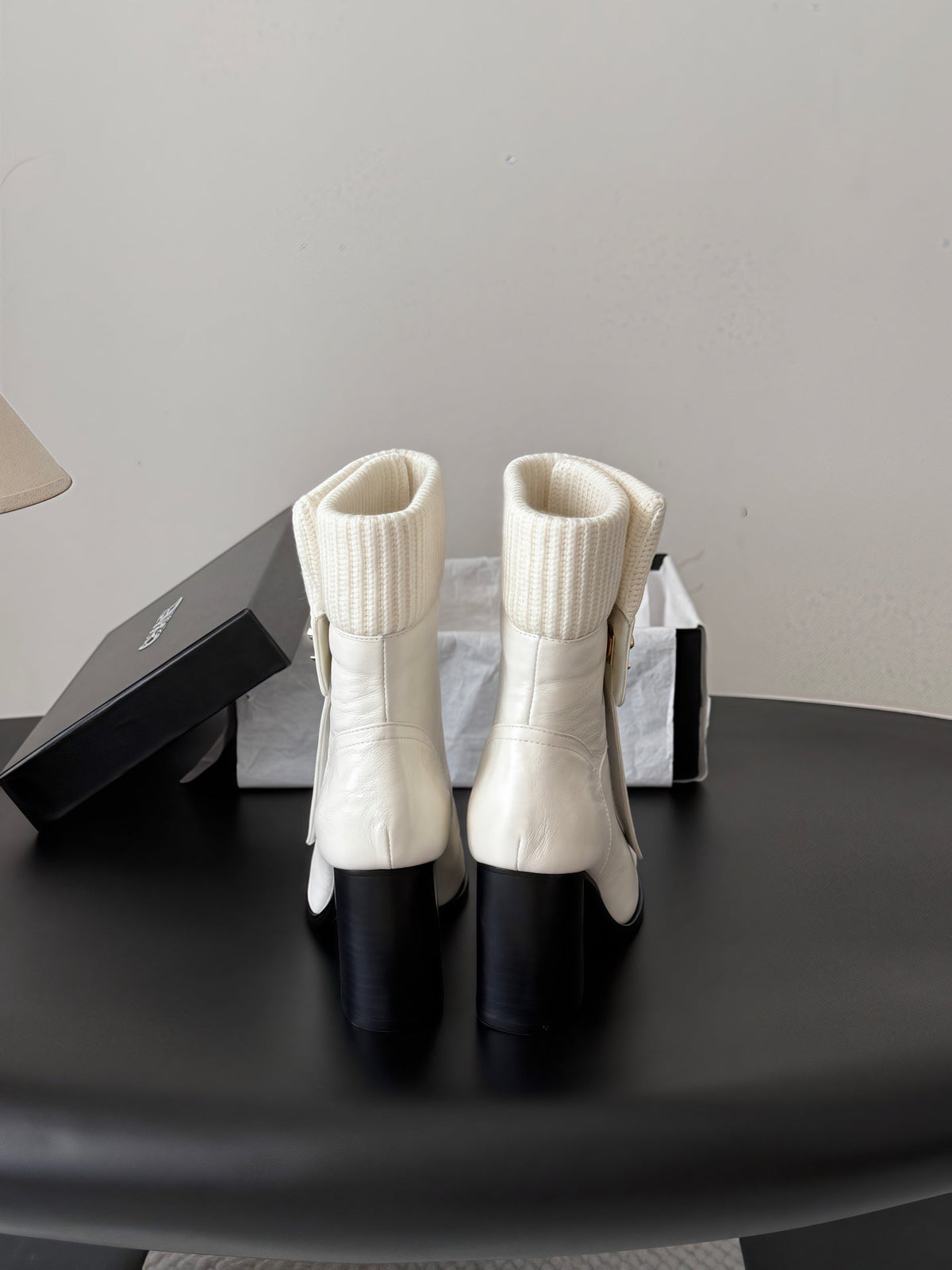 CC 26s Ankle Boots White Gold Knit Cuff Leather 127795
