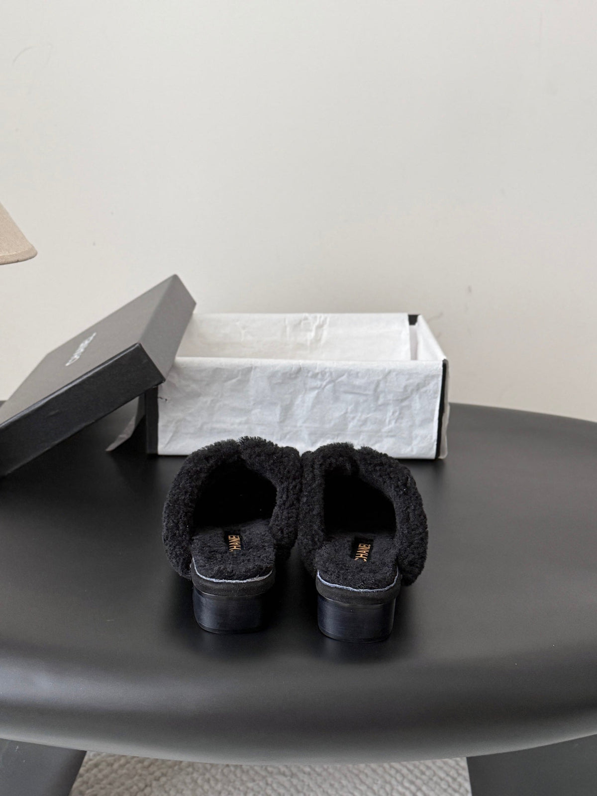 CC 26s Shearling Trim Suede Mules Black Gold 127800
