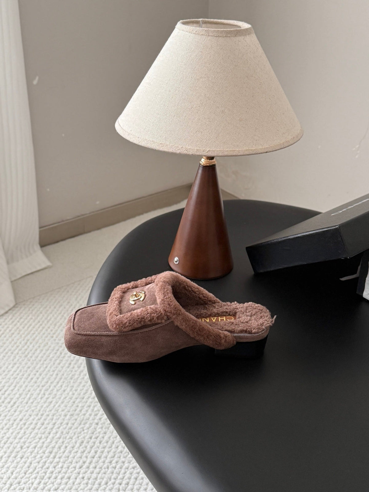CC 26s Shearling Trim Suede Mules Khaki Gold 127802