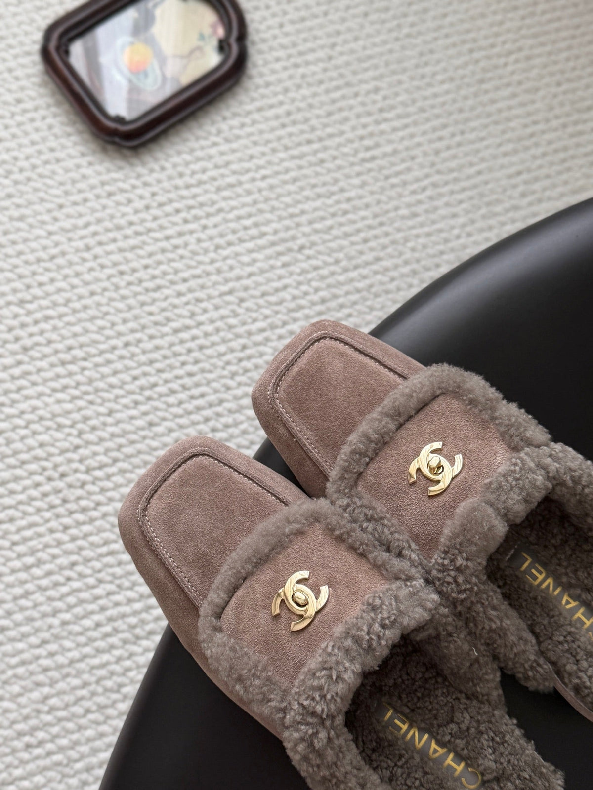 CC 26s Shearling Trim Suede Mules Grey Gold 127803