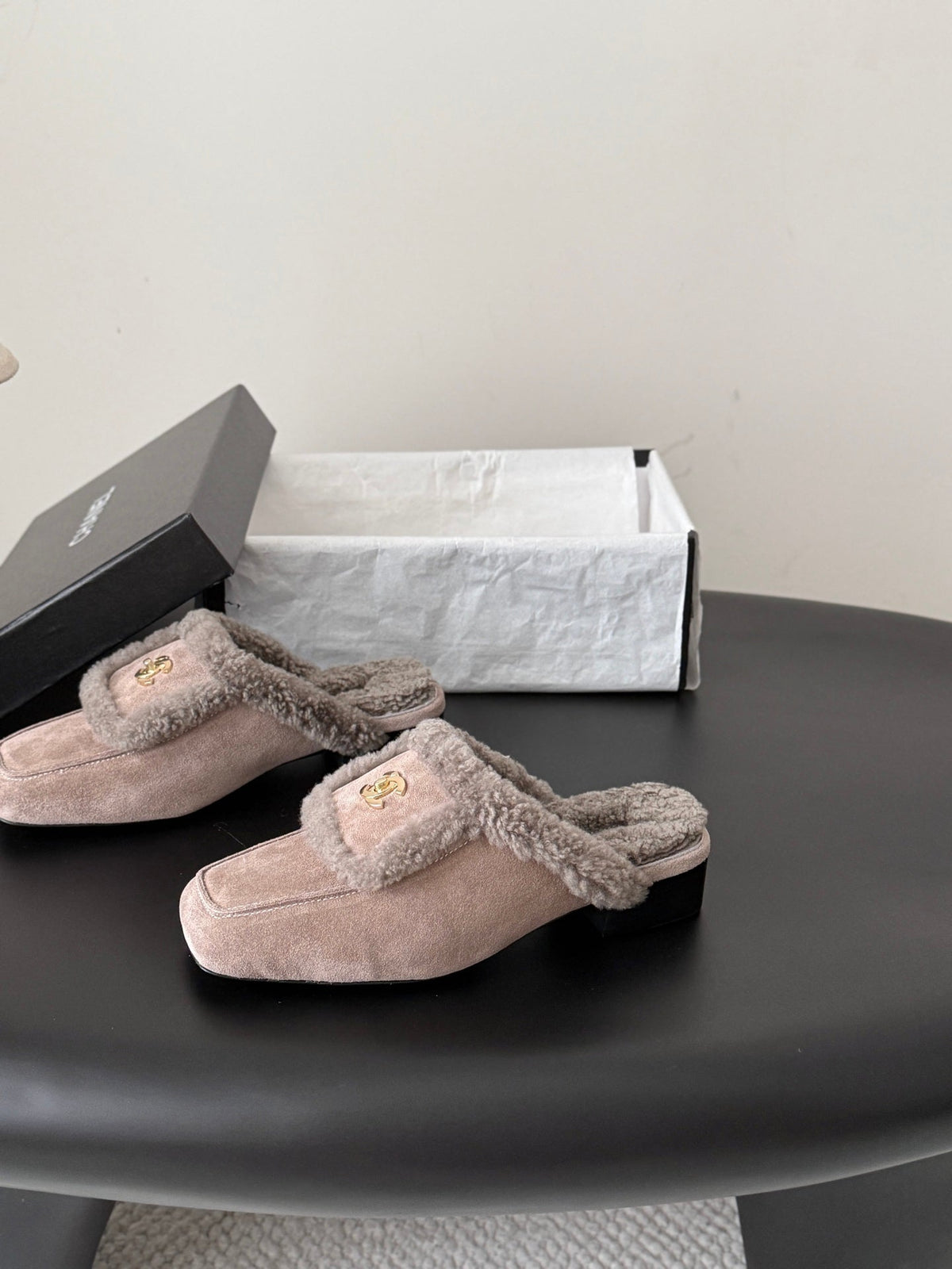 CC 26s Shearling Trim Suede Mules Grey Gold 127803