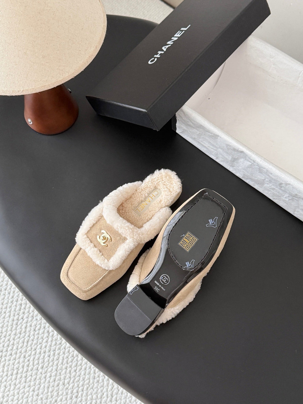 CC 26s Shearling Trim Suede Mules Beige Gold 127805